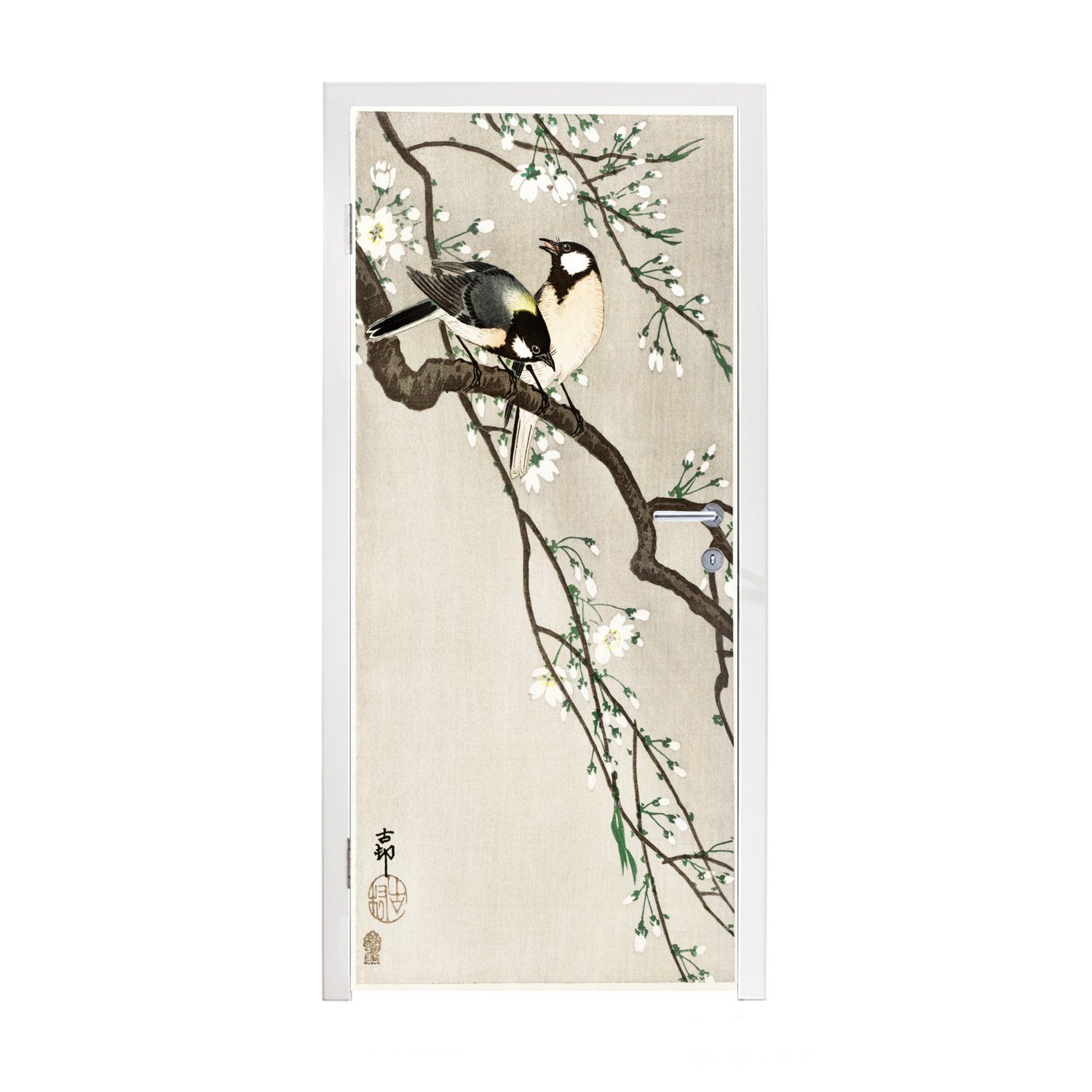 Fototapete Türaufkleber, von Matt, Titten Zwei 75x205 Ohara cm MuchoWow Koson, (1 bedruckt, St), Türtapete Tür, Gemälde auf Kirschblüte - für