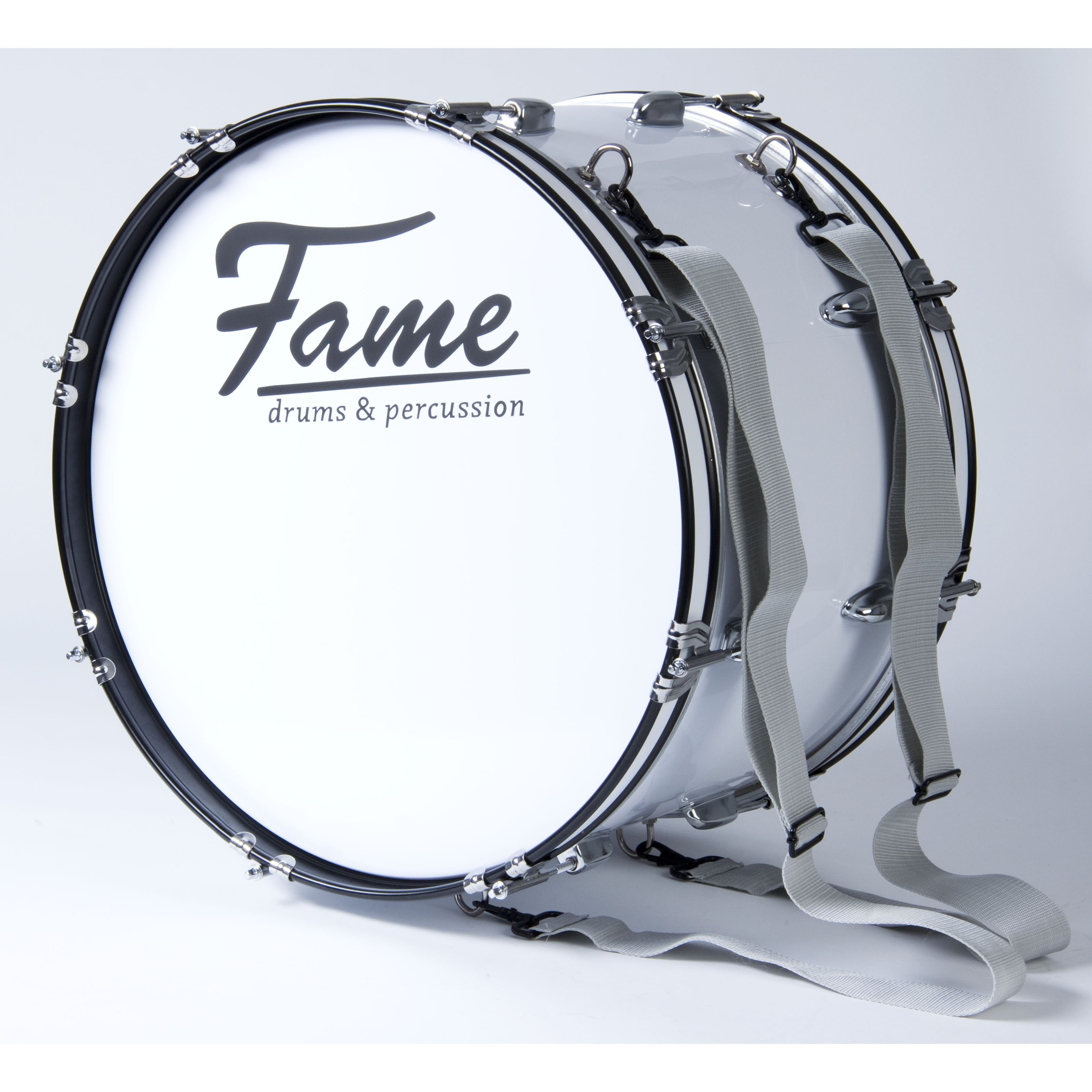 FAME Bass Drum,Marching Bass Drum 20"x12" Weiß 7-Lagen Lindenholz Kessel Inklusive Tragegurt Beater Schaumstoff-Dämpfringe Prägnanter Klang Ideal für Einsteiger in Marschierende Percussion, Marching, Bass Drums, Marching Bass Drum, 20"x12", Lindenholz Kessel, Marschierende