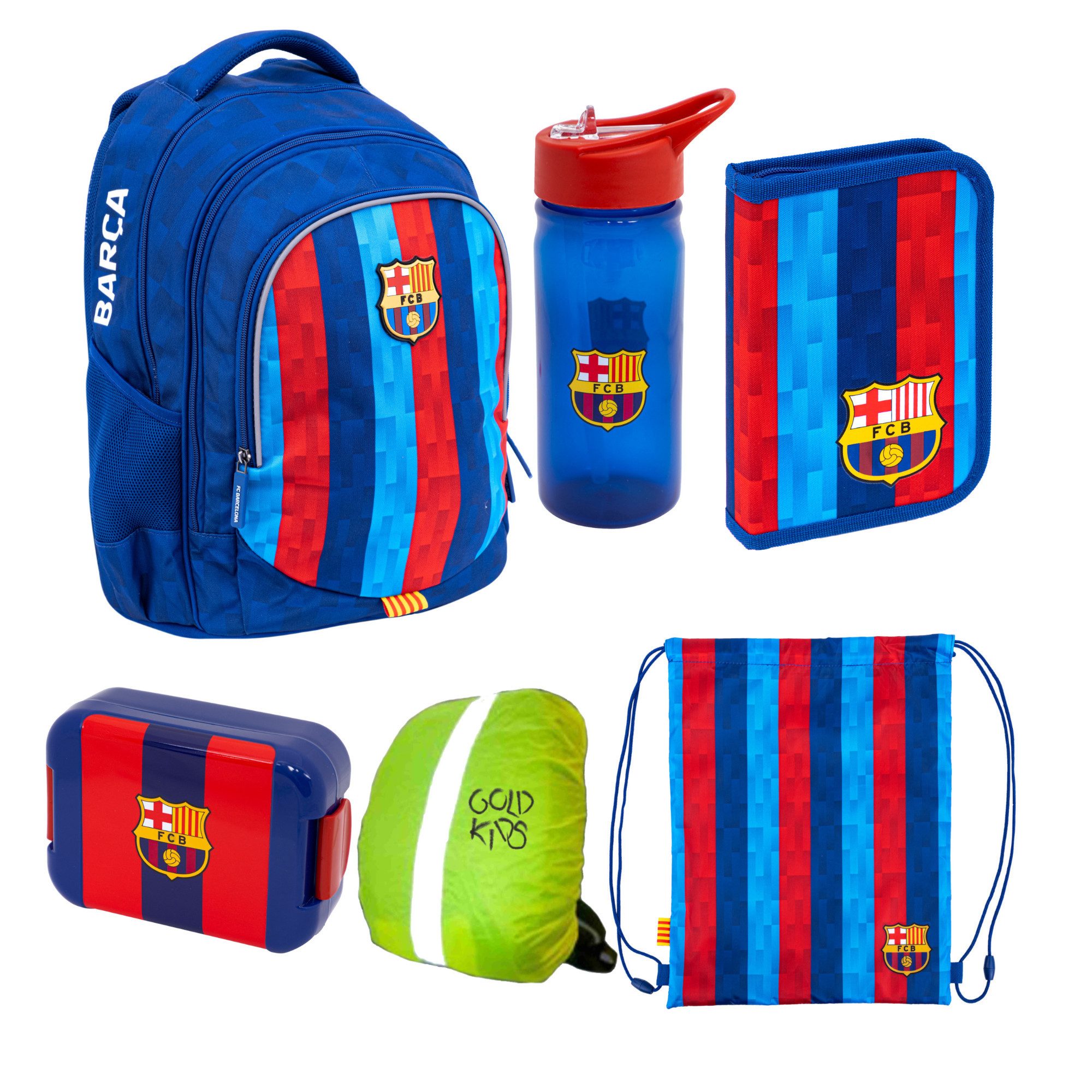 GOLDKIDS Schulranzen für Jungen und Mädchen, 6er-Set - (Schul-Rucksack für, 1-tlg., Kinder mit Federmäppchen), Schuhbeutel Trinkflasche und Brotdose - FC Barcelona
