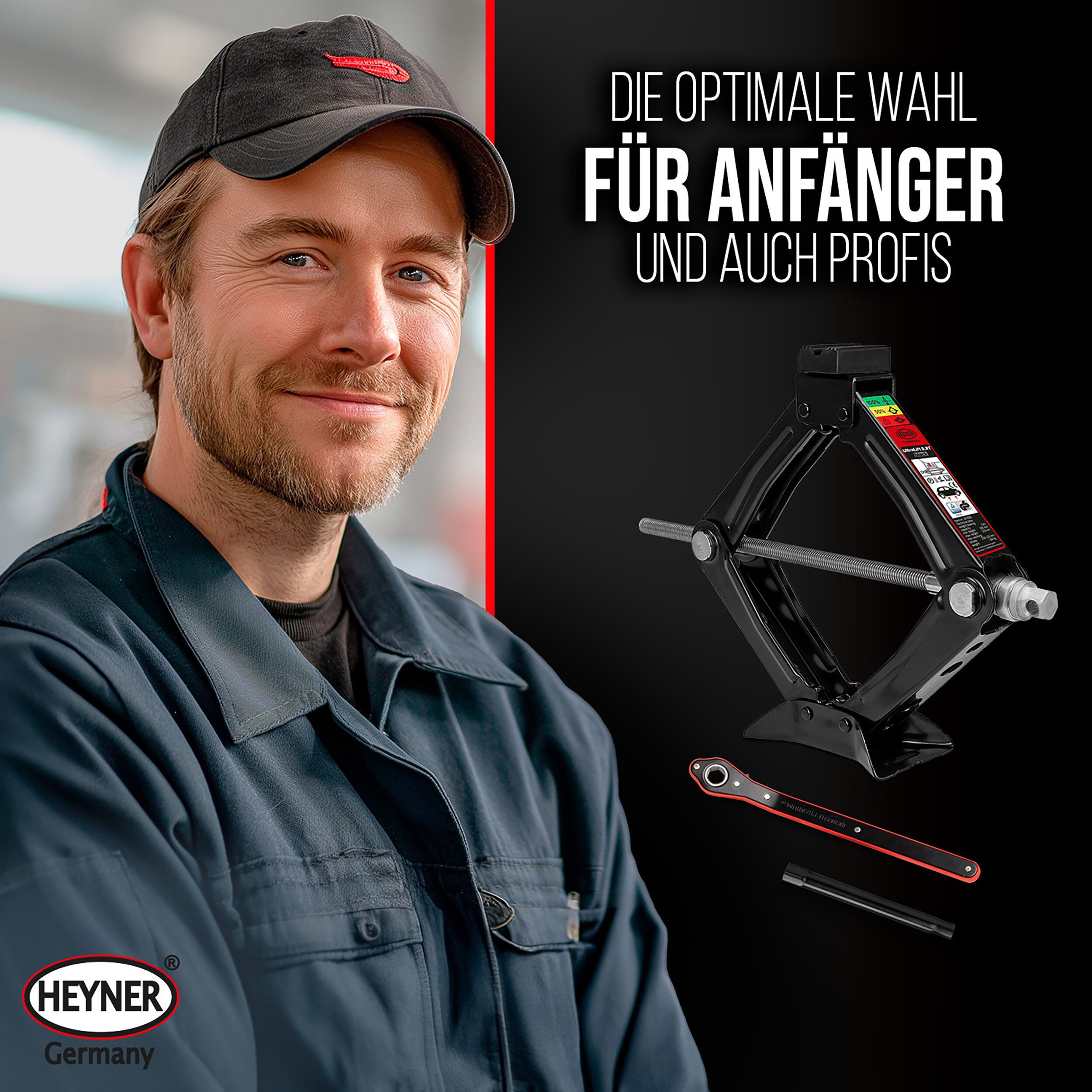HEYNER Wagenheber Scherenwagenheber 0,8t mit Ratschenkurbel, 100–323mm, Gummi & Tasche, max. Hubhöhe: 32.3 cm, 1-tlg., Solo