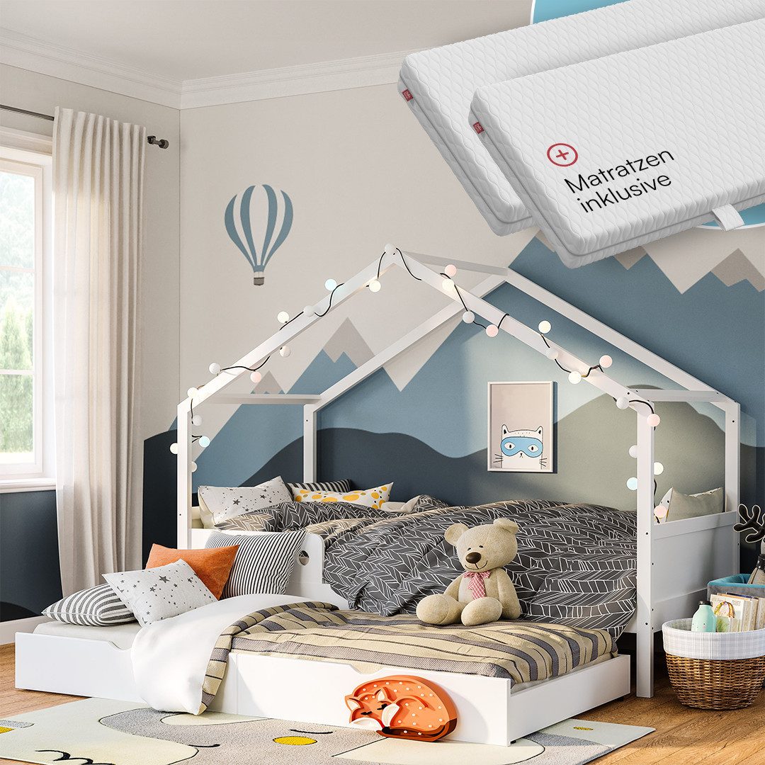 Bellabino Hausbett Bela 90x200 cm aus Massivholz Kiefer (weiß, inkl. Gästeb günstig online kaufen