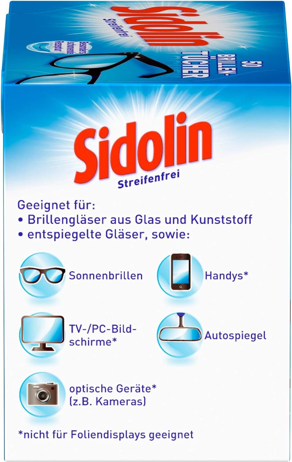 SIDOLIN Streifenfrei Brillenputztücher 50 Stück Reinigungstücher (50-tlg., Extra Soft, für Brillen, Displays, Bildschirme)