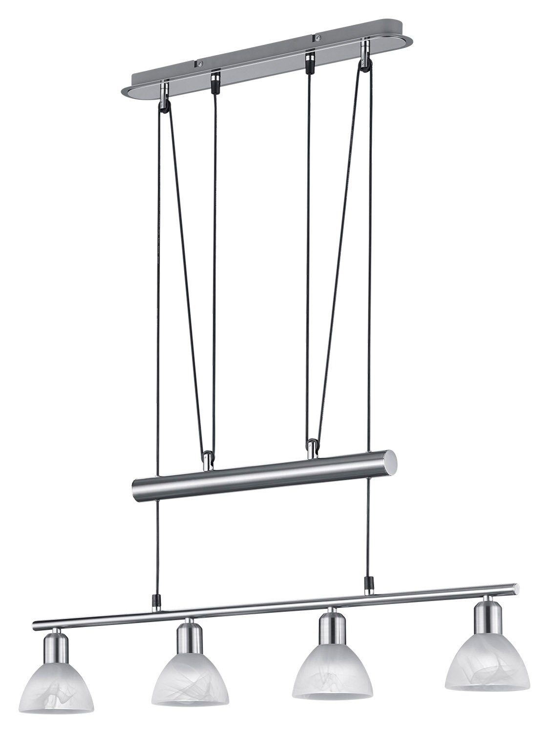 TRIO Leuchten Pendelleuchte LEVISTO JOJO, 4-flammig, Nickelfarben, Weiß, LED fest integriert, Warmweiß, Hängeleuchte, Hängelampe, Metall, Glasschirme, Höhenverstellbar