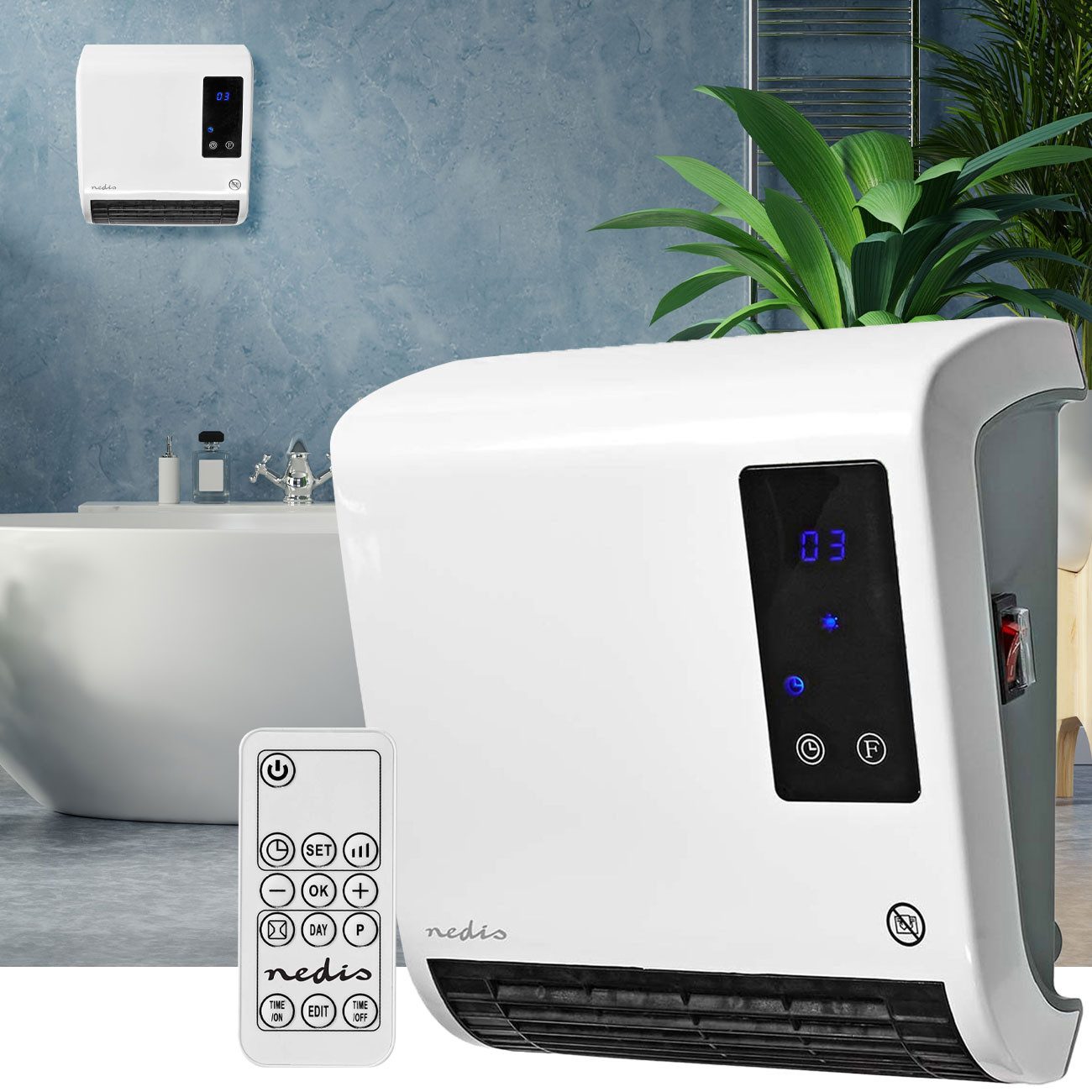Nedis Heizlüfter Wandheizlüfter 2000W, IP22 Bad-Heizung mit Fernbedienung, Weiß, Keramik-Wandheizlüfter mit IP22 Schutz fürs Bad bis 20m² von Nedis