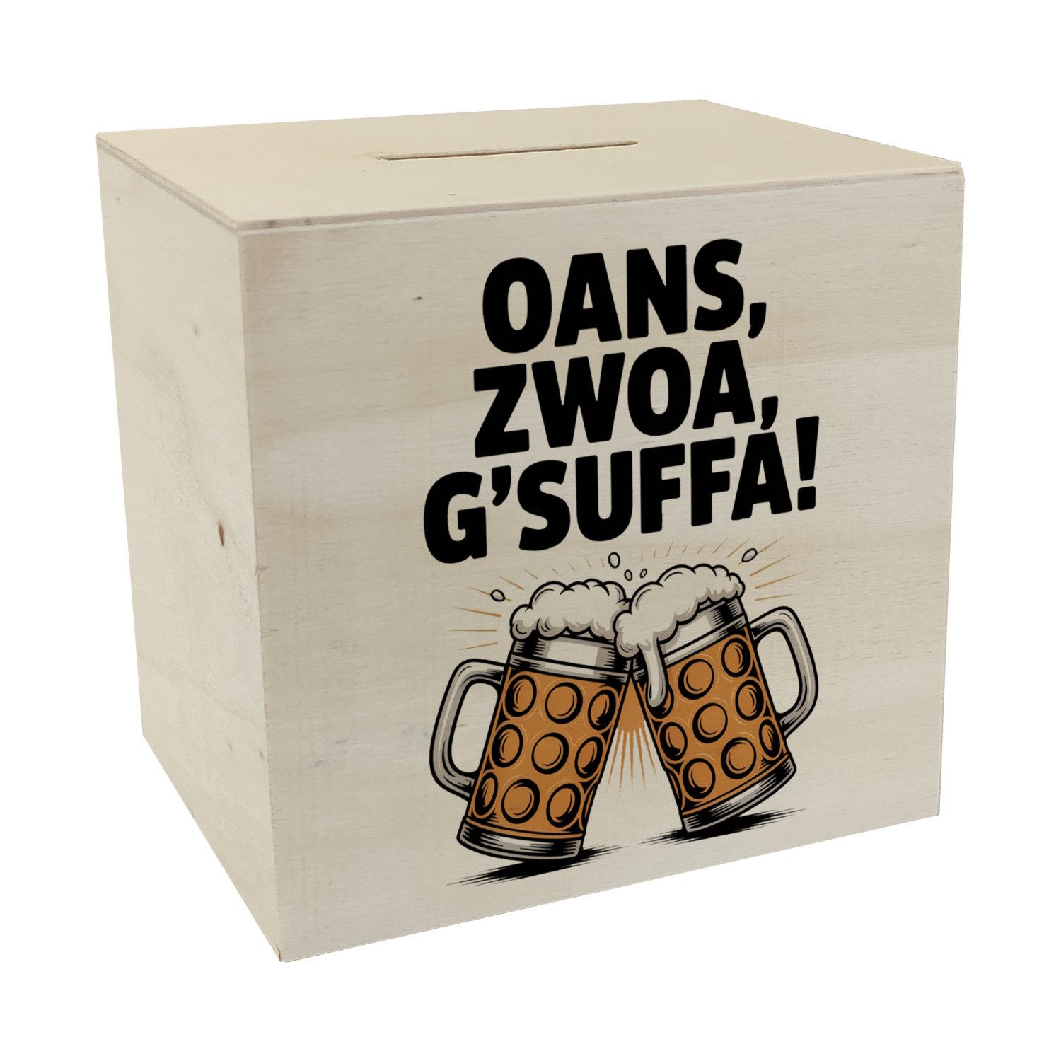 Spardose Zwei Bierkrüge Oans, zwoa, g’suffa Spardose aus Holz