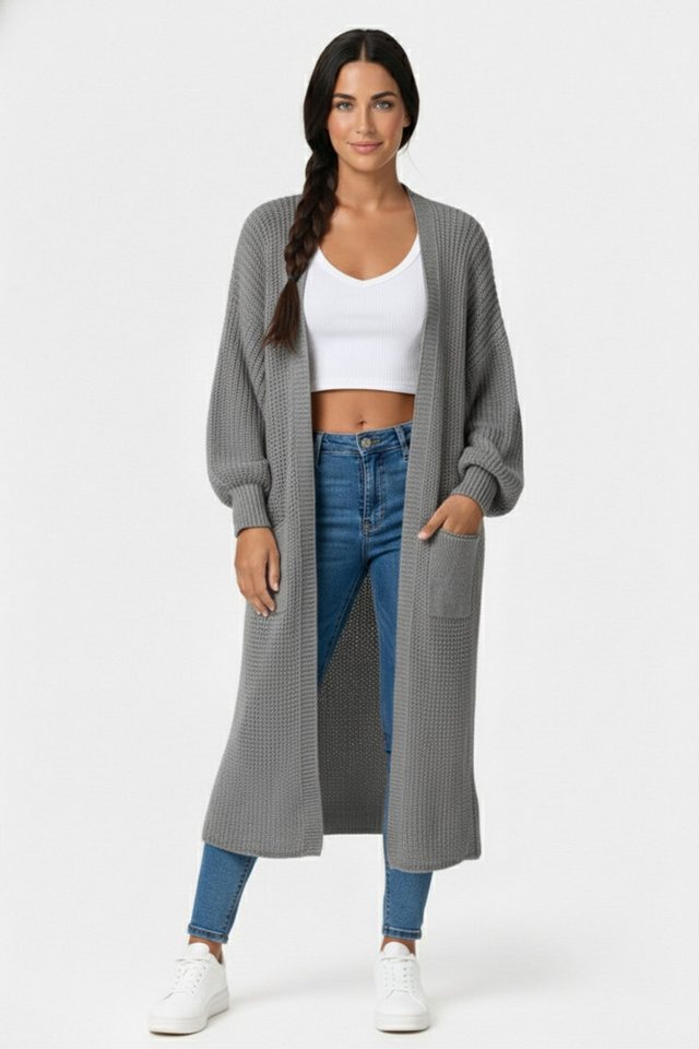 Kendindza Collection Cardigan Cardigan Damen lang Oversize Strickjacke Damen Lang aus Grobstrick Longstrickjacke Made In Italy - One Size 34-42