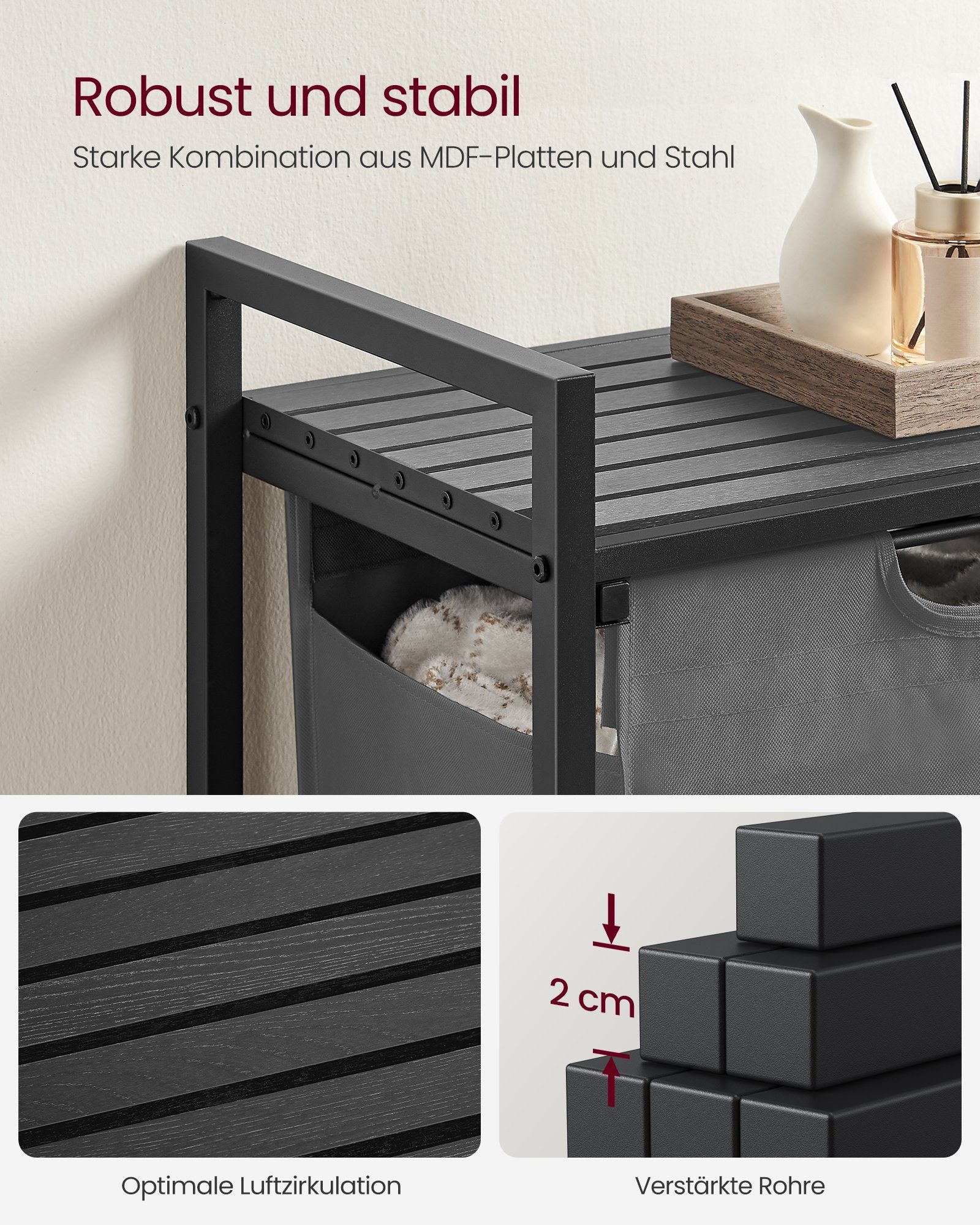 VASAGLE Wäschekorb Wäschesammler mit Ablage, Wäschesack abnehmbar, 65 L, 50 x 33 x 72 cm, Wäschebox, Metallrahmen, schwarz-grau – Bild 5 von 5