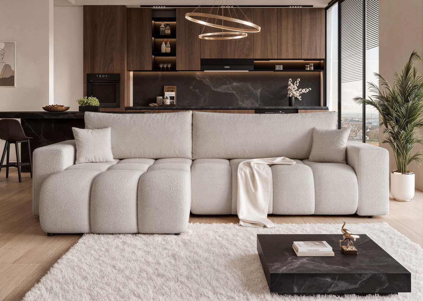 yourhouse24 Ecksofa OLI XL mit tiefer Steppung (278 cm) – Trend-Bouclé, Schlaffunktion, Seite universal