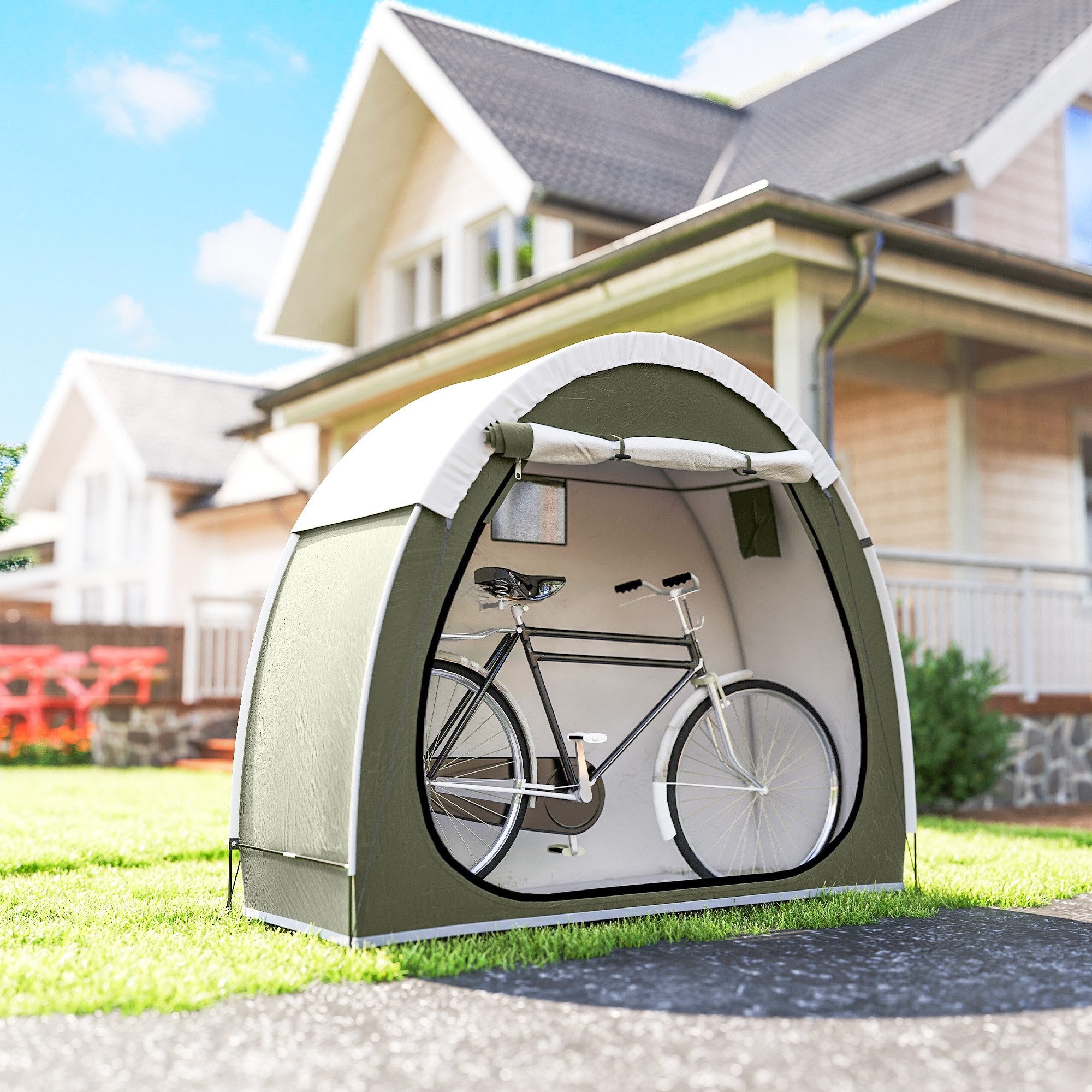 Outsunny Gerätezelt mit Belüftung, Reißverschlusstür, Personen: 2 (Fahhrradgarage, 1 tlg., Fahrradzelt), für Fahrräder, Motorräder 200 x 80 x 170 cm