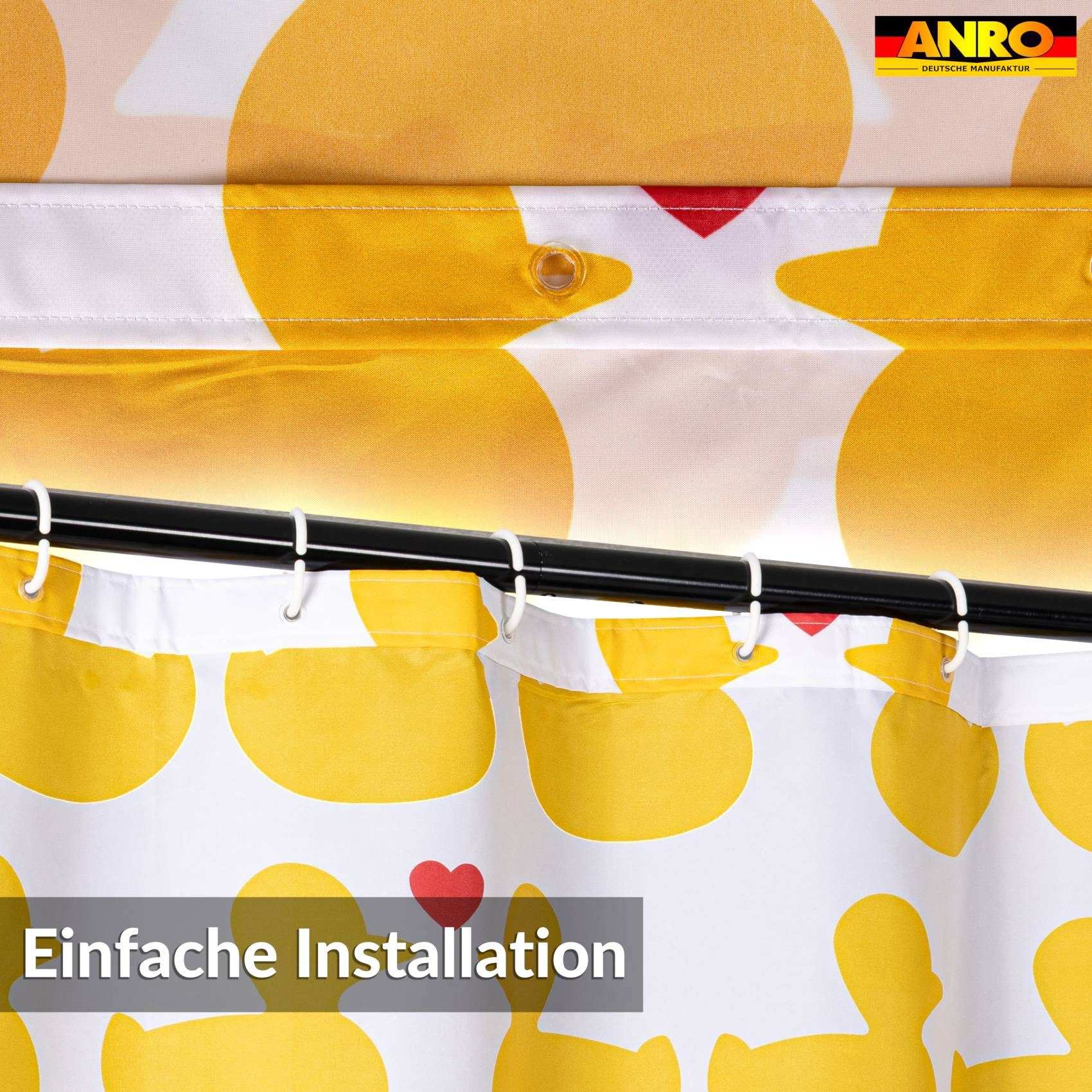 ANRO Duschvorhang FASTY Ente Anti-Schimmel Polyester Badezimmervorhang Bad-Stoff Breite 120 cm (Packung, 1-tlg., Duschvorhang inkl. Aufhängeringe), robuster Vorhang Stangenaufhängung 120x200cm Modern Gelb