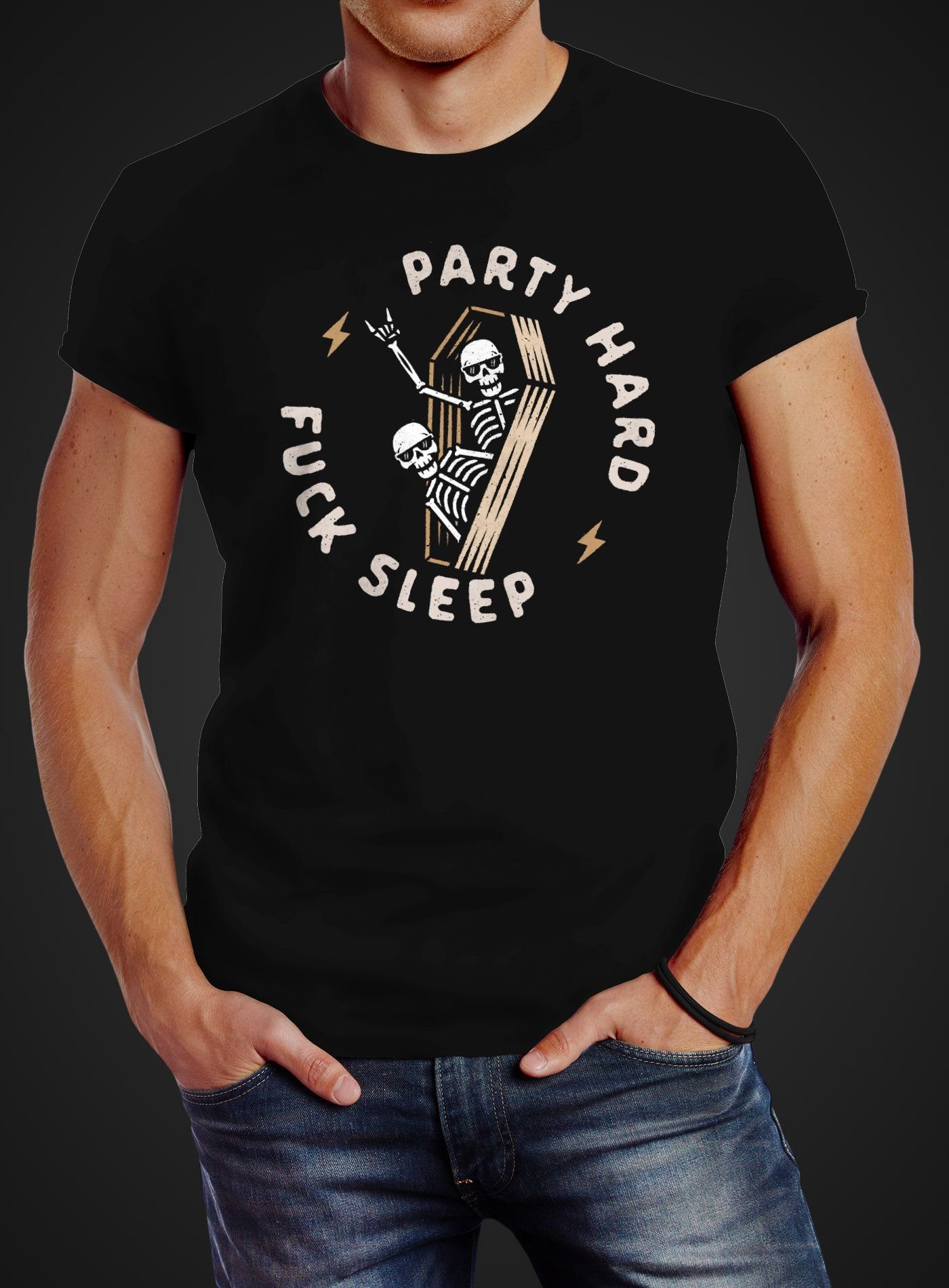 Skelett T-Shirt Slim Sarg Motiv Neverless® Spruch Skeleton Print-Shirt Herren Hard Fuck Print mit Sleep Neverless Fit Print Party