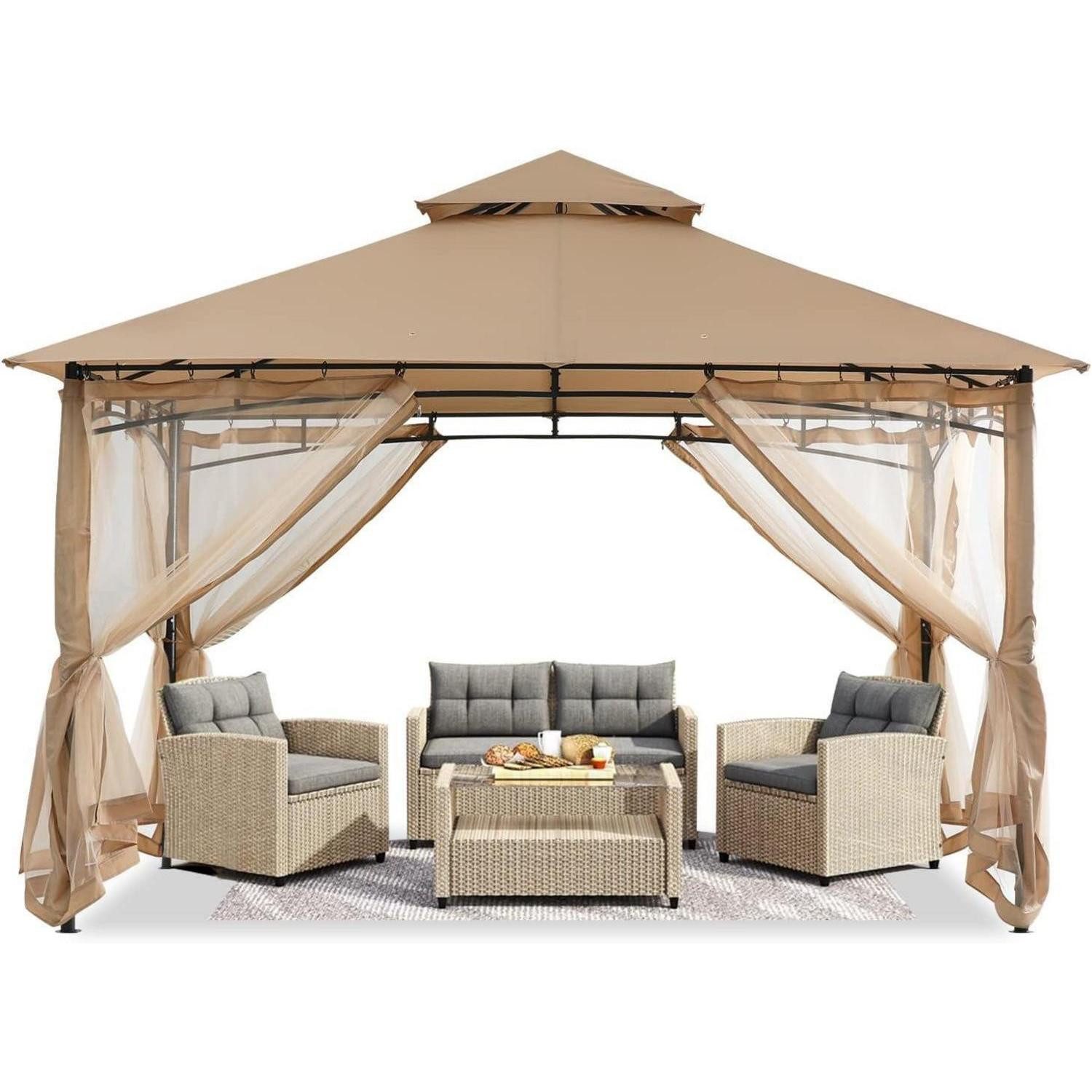 LuxusKollektion Pavillon Gartenpavillon 240x240cm Doppeldach Weichdach Mit Netz Beige 2,5x2,5M