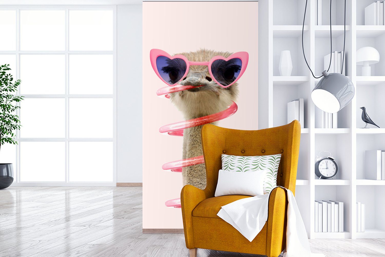 - Fototapete St), für Vliestapete MuchoWow Tiere, Küche, bedruckt, Rosa Strauß Sonnenbrille Matt, - - (2 Schlafzimmer Wohnzimmer Fototapete