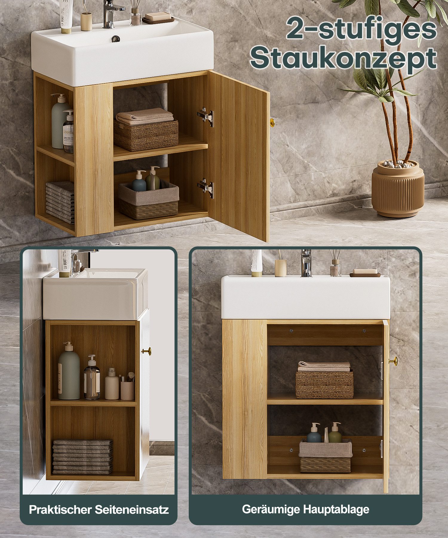Yorbay Waschtisch Badmöbel Waschtischunterschrank (Breite 55 cm, Badschrank mit Waschbecken), Waschbecken mit Waschtisch für kleine Badezimmer