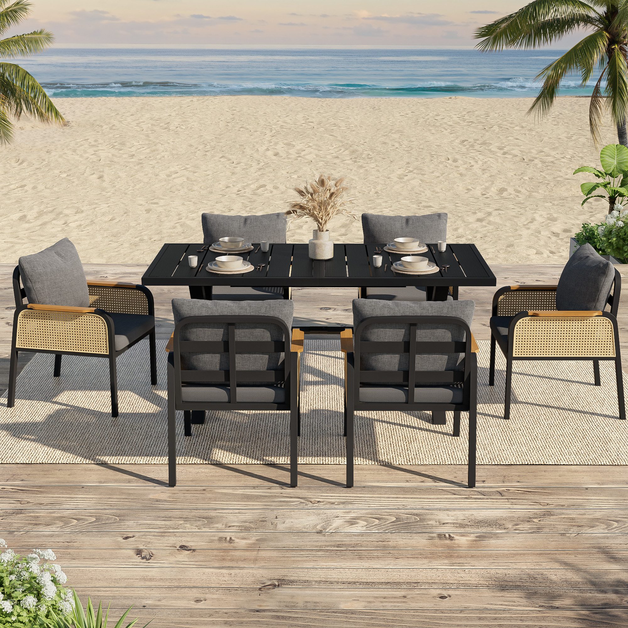 Odikalo Gartenlounge-Set Gartenmobel Gartensitzgruppe mit gewebten Armlehnen und Sitzkissen, (Moderne Sofagarnitur für den Außenbereich lässige Partygarnitur für mehrere Personen Gestell aus Eisen Armlehnen aus Geflecht)
