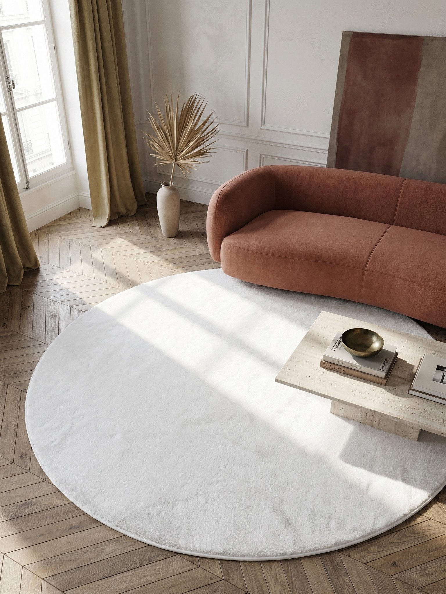 KADIMA DESIGN Teppich NECKAR Wohnzimmer Waschbar Schlafzimmer Wohnzimmerteppich Modern Uni, Rund, Höhe: 22 mm, Weiß, 200x200 cm, Strapazierfähig Fußbodenheizung Waschbar