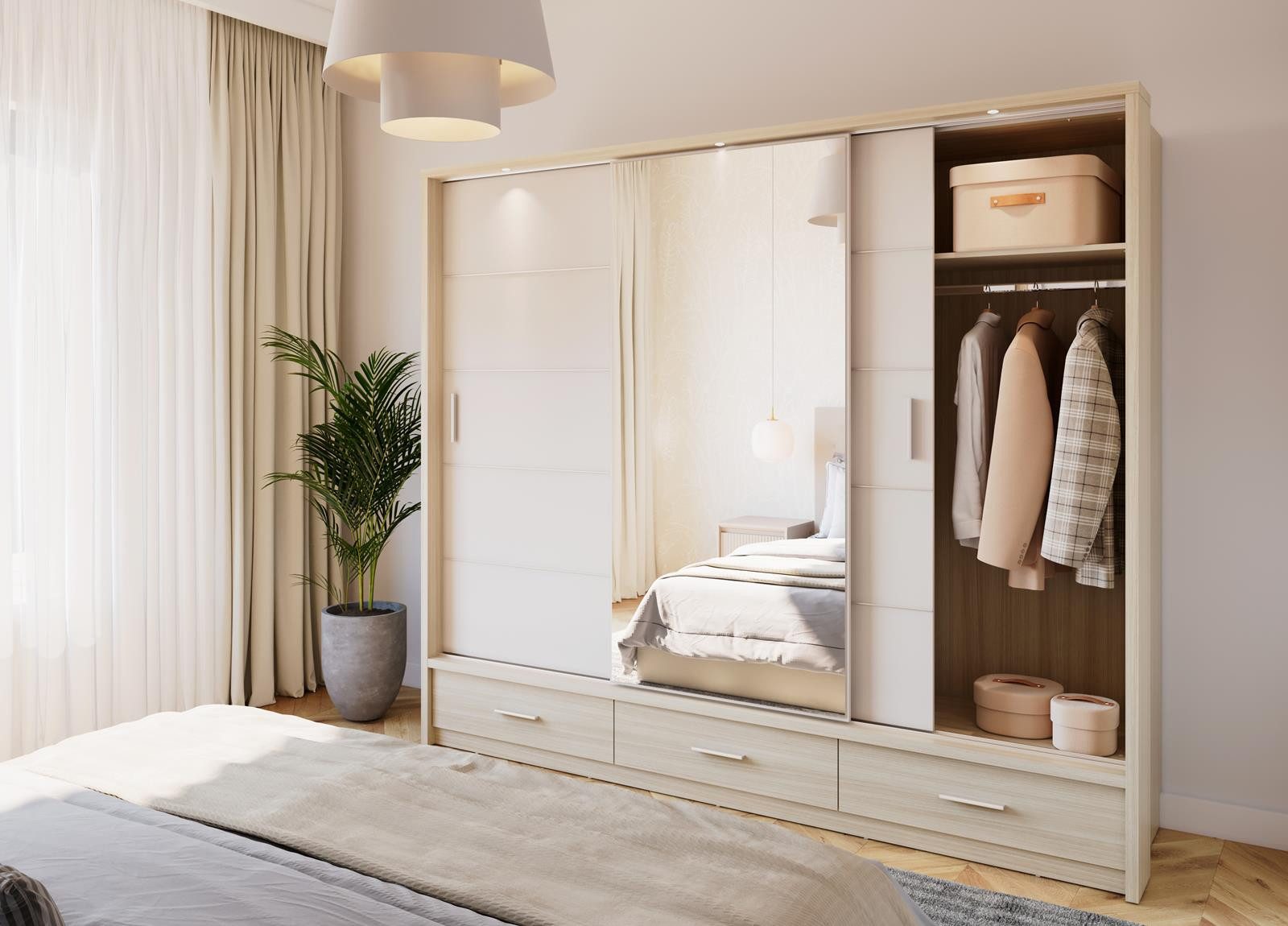 Compleo Kleiderschrank 3-türig Schwebetürenschrank mit Spiegel & 3 Schubladen Eleganter Garderobenschrank für stilvolle und praktische Aufbewahrung