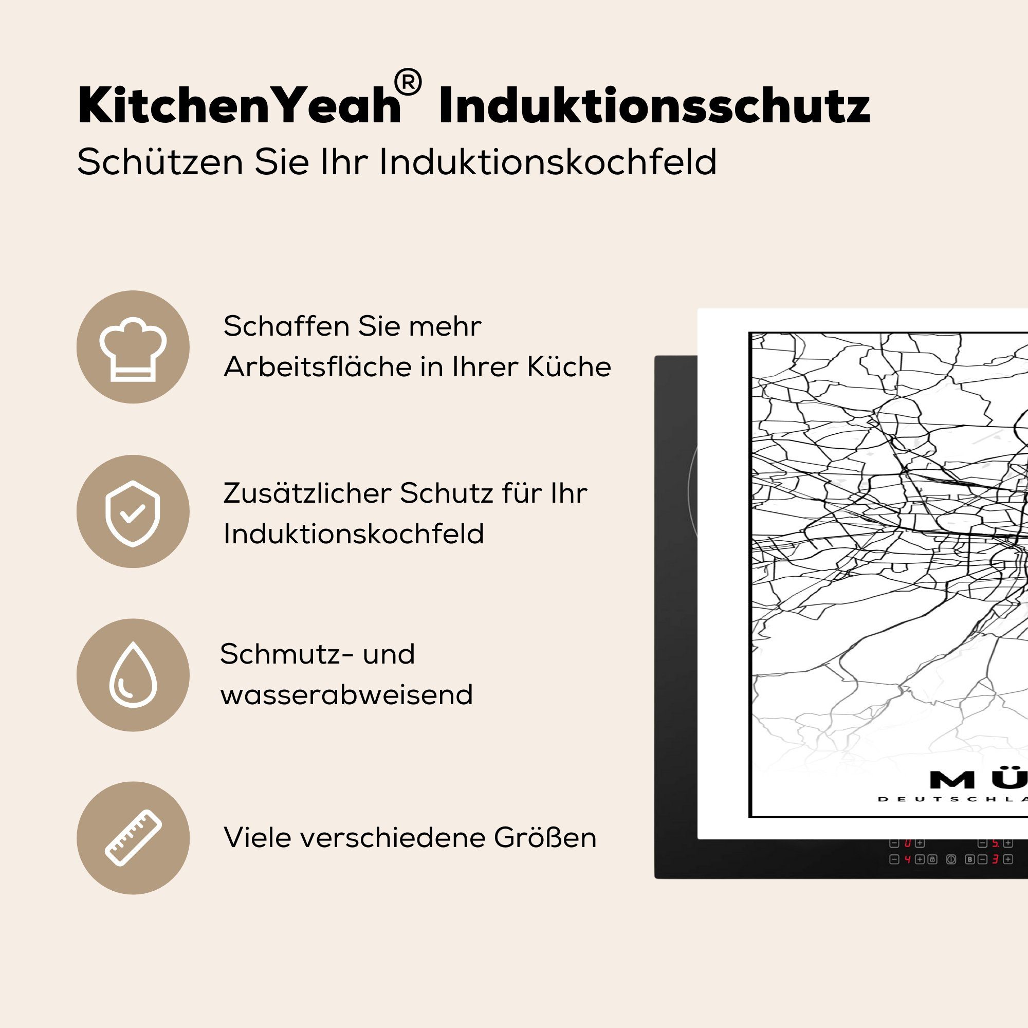 MuchoWow Herdblende-/Abdeckplatte München 81x52 Induktionskochfeld Ceranfeldabdeckung für die küche, Schutz - - Vinyl, Karte tlg), cm, (1 Stadtplan