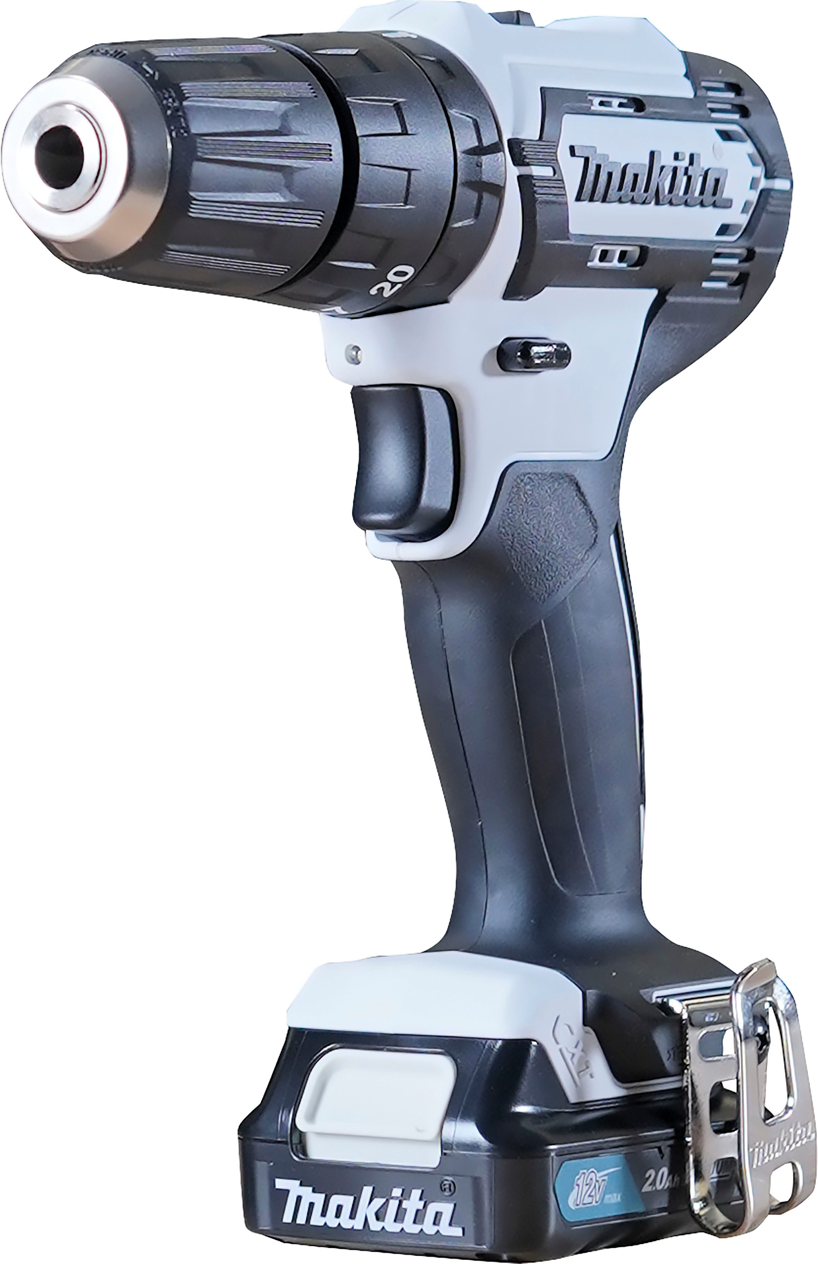 Makita Akku-Schlagbohrschrauber HP333DSAW, max. 1700 U/min, Sonderfarbe weiß, inkl. Akku 12V/2Ah, Ladegerät und Koffer