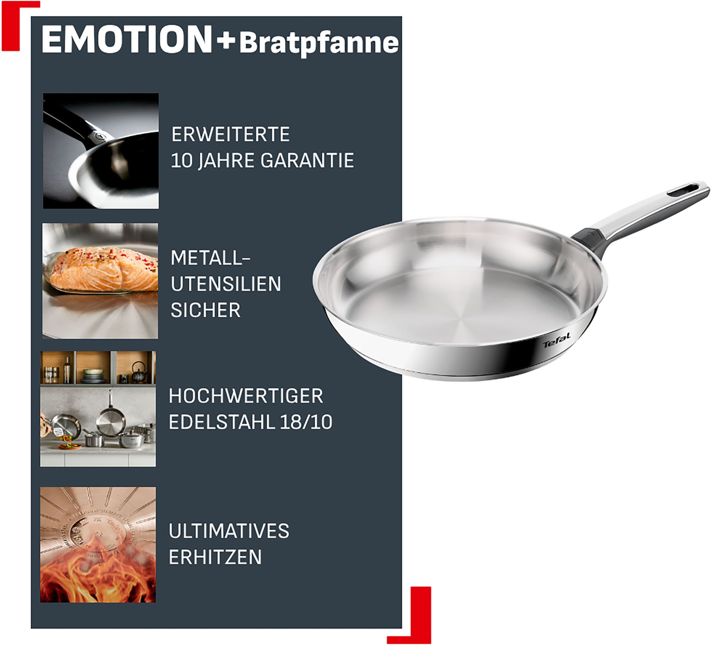Tefal Bratpfanne Emotion+, Edelstahl (1-tlg), Premium Edelstahl, Induktion, spülmaschinenfest, hochglanzpoliert