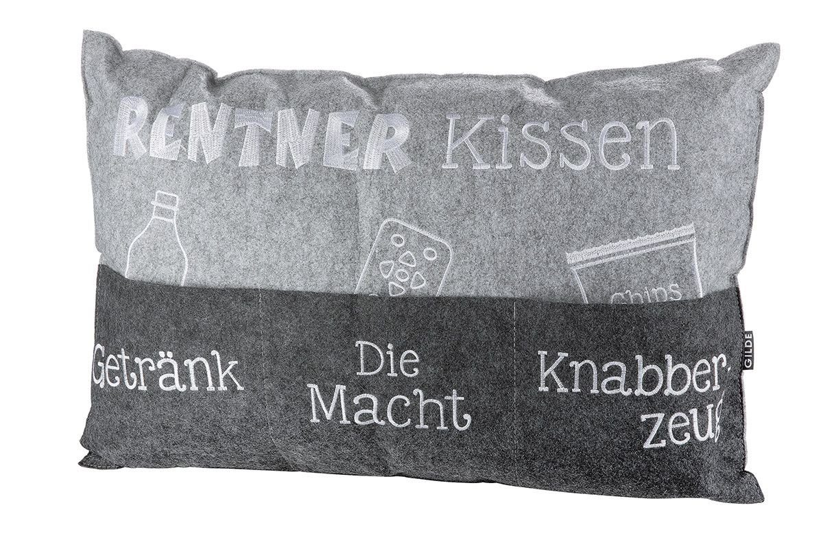 GILDE Dekoobjekt Filz Rentner Kissen hellgrau/dunkelgrau mit bestickten Taschen "Geträn