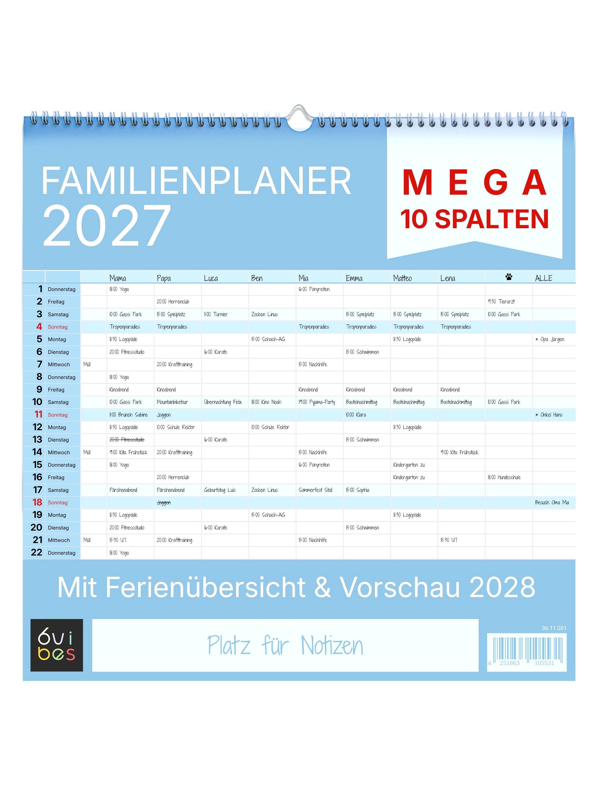 6vibes Familienkalender 2027 XXL 10 Spalten bunt, Familienplaner, Teams, WG, mit Notizfeld, extra Spalte, Ferienkalender & Vorschau 2028