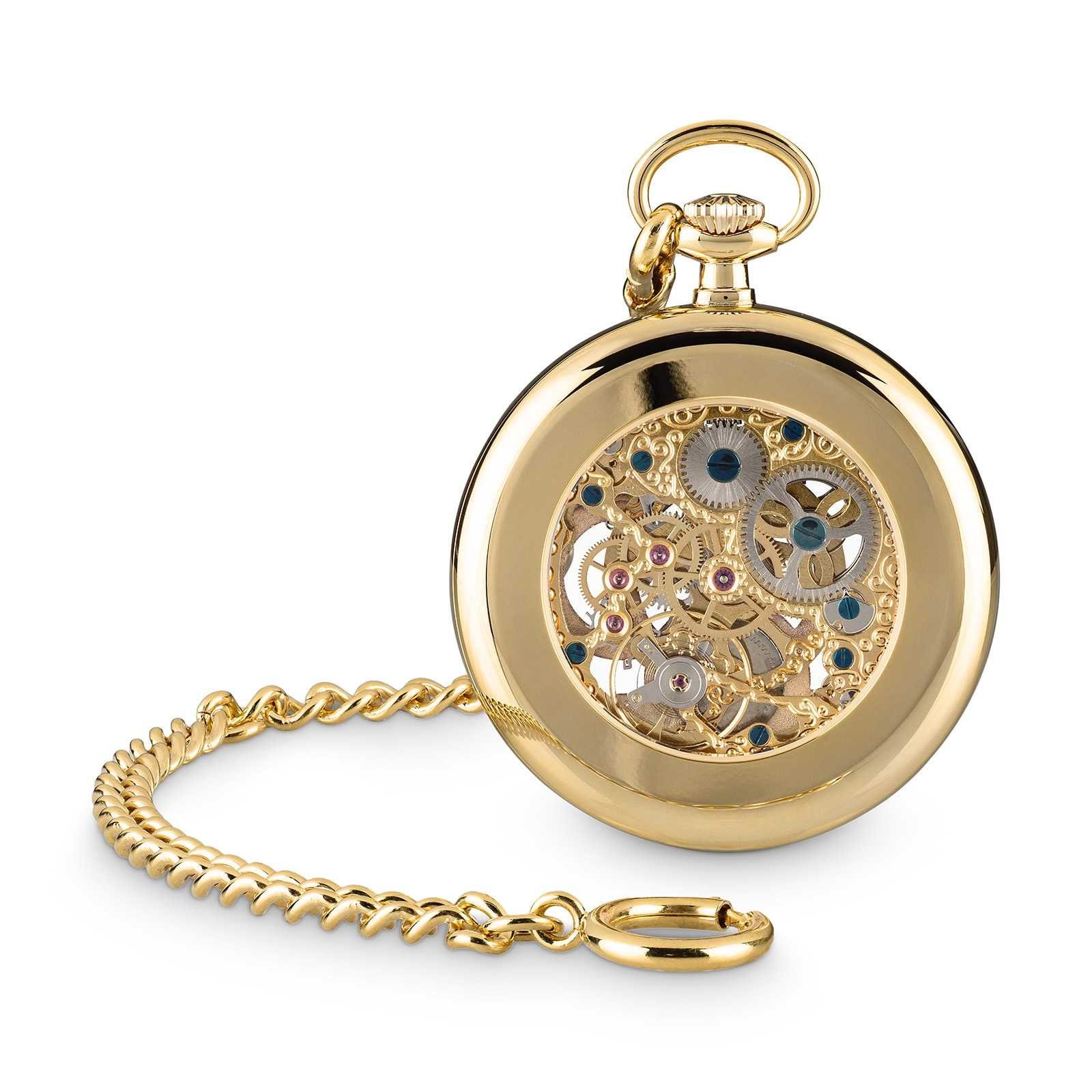Hermann Jäckle Taschenuhr "Tuttlingen" Vergoldet, Skelettuhr, Handaufzug, 50 mm, Mineralglas, mit Kette & Reiseetui – Made in Germany
