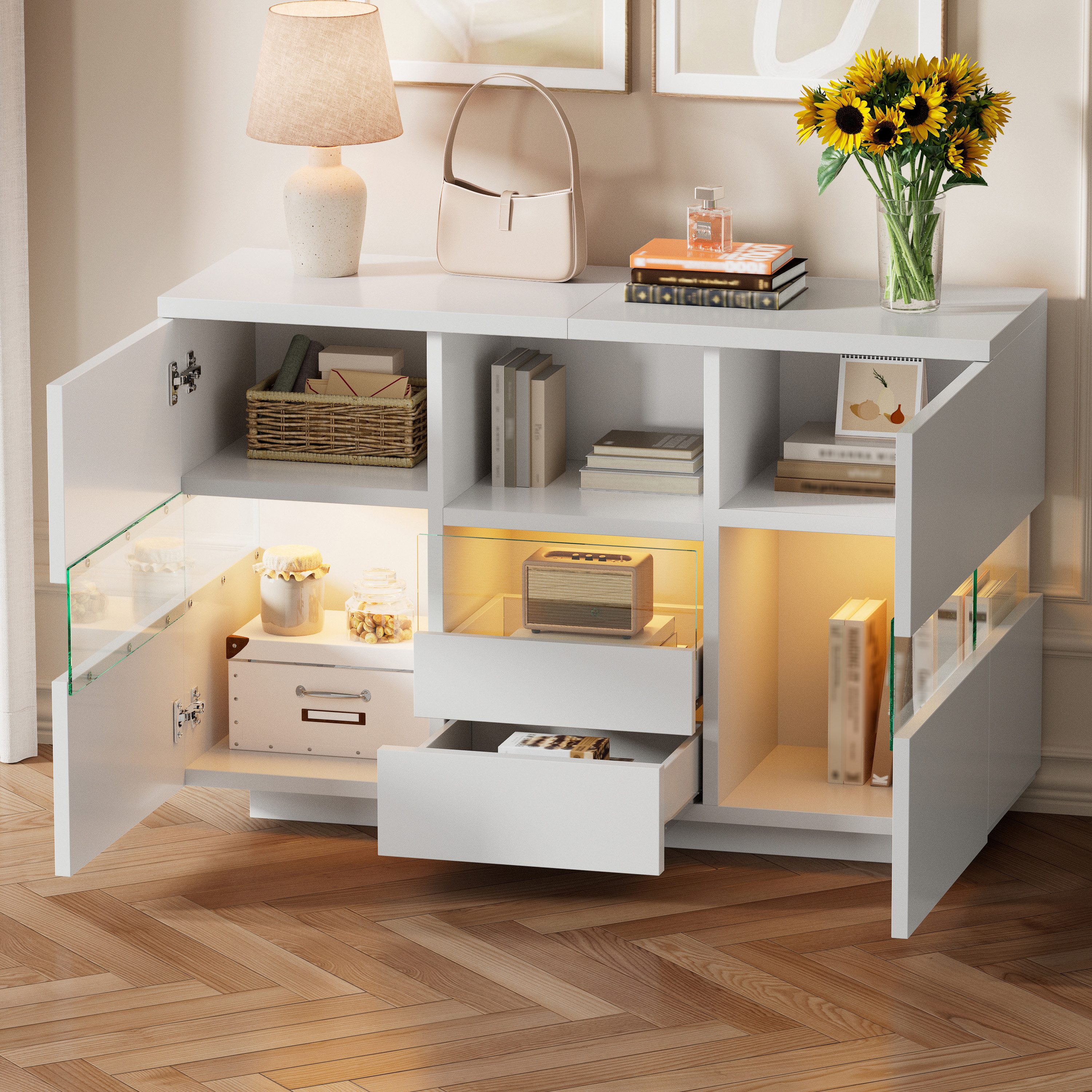 STILVORA Sideboard Wohnzimmer Kommode mit offene Fache Mehrzweckschrank mit Schubladen (mit Doppelebene – schwebend oben, bodenstehend unten, vielseitiger Stauraum und staubgeschützt)