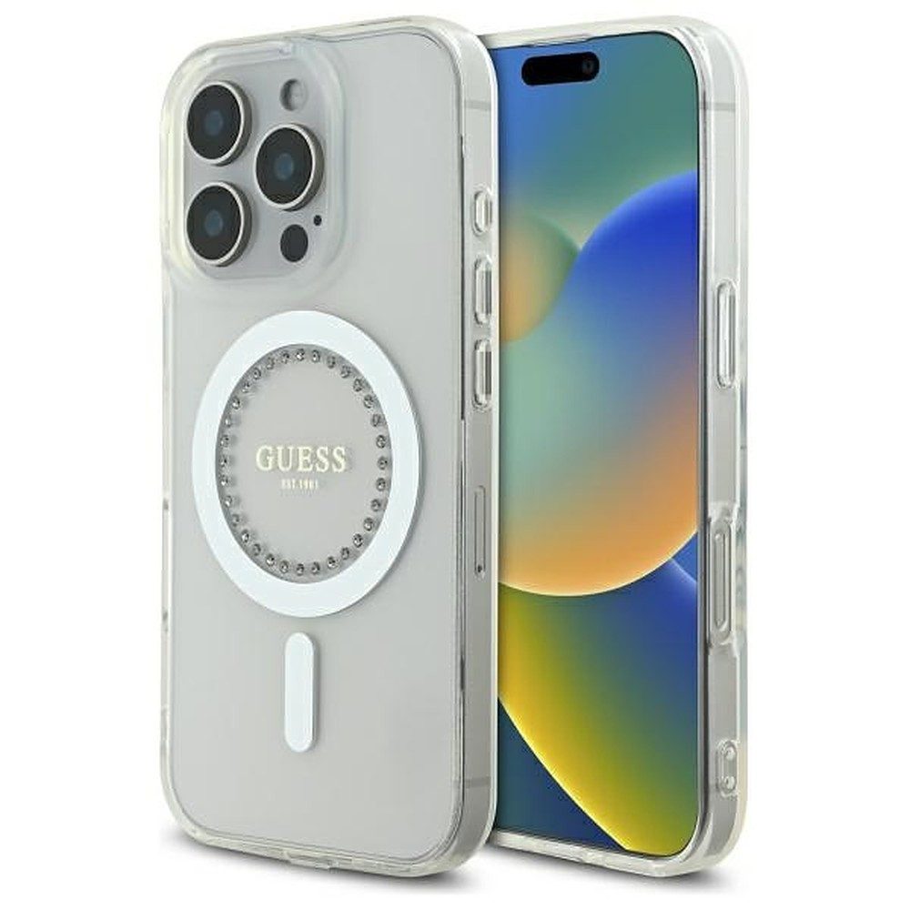 Guess Handyhülle Schutzhülle Magnethülle Smartphonecover 6,9 Zoll, MagSafe-kompatibel, Zirkonia-Steine, Kameraschutz