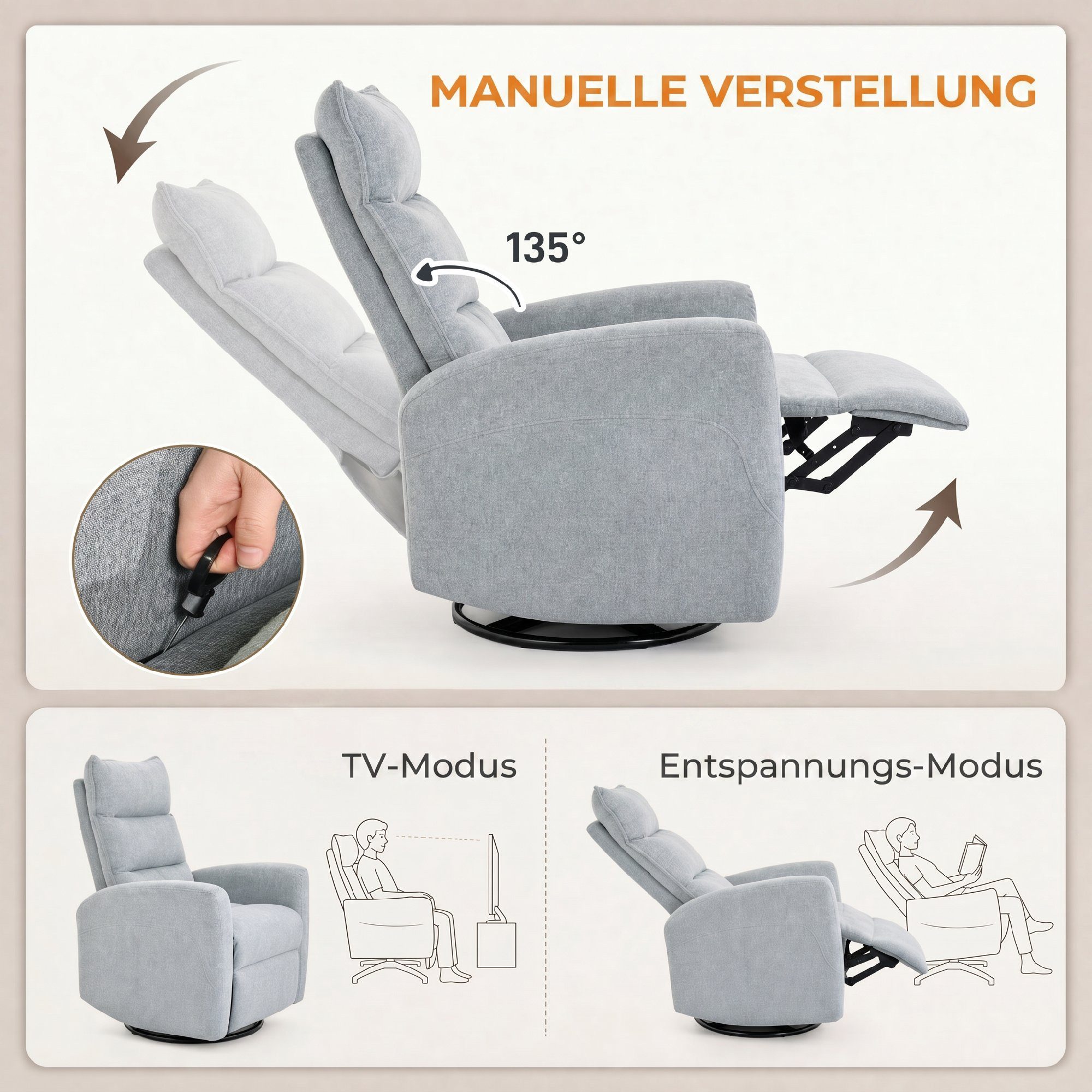 HOMCOM Relaxsessel Ruhesessel mit Schaukel- und Liegefunktion, breitem Sitz (TV Sessel, 1-St., 360° Drehbarer Liegesessel), für Wohnzimmer, Schlafzimmer, Heimki – Bild 4 von 5