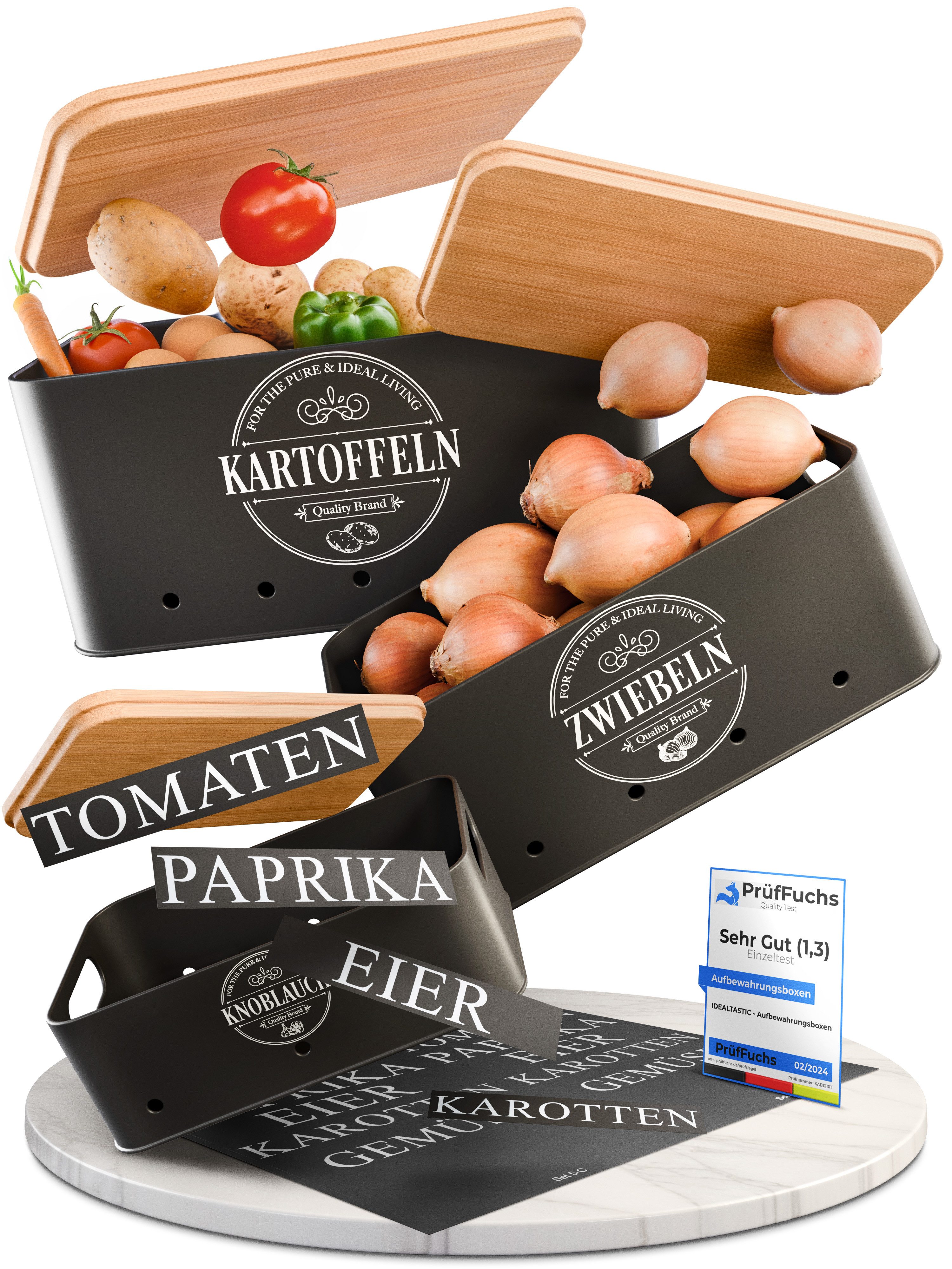IDEALTASTIC Vorratsdose Premium Kartoffel Aufbewahrung, Zwiebel, Knoblauch Aufbewahrungsbox, Stahl, (Set, 3er Set), Kartoffel Aufbewahrung, Knoblauch & Zwiebel Aufbewahrung