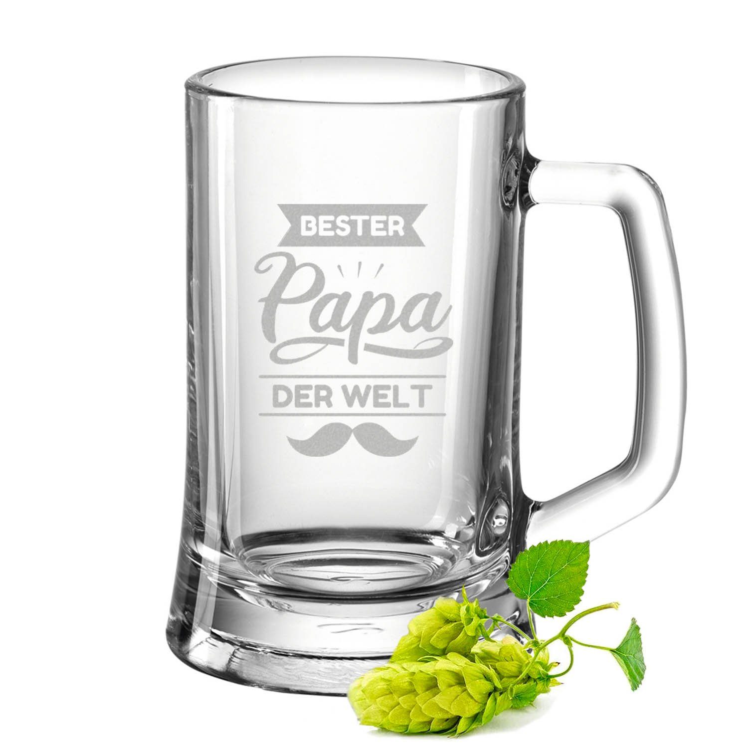 GRAVURZEILE Bierkrug Leonardo Bierkrug mit Gravur - Bester Papa der Welt V2, Glas, Geschenk für Papa Opa zum Vatertag