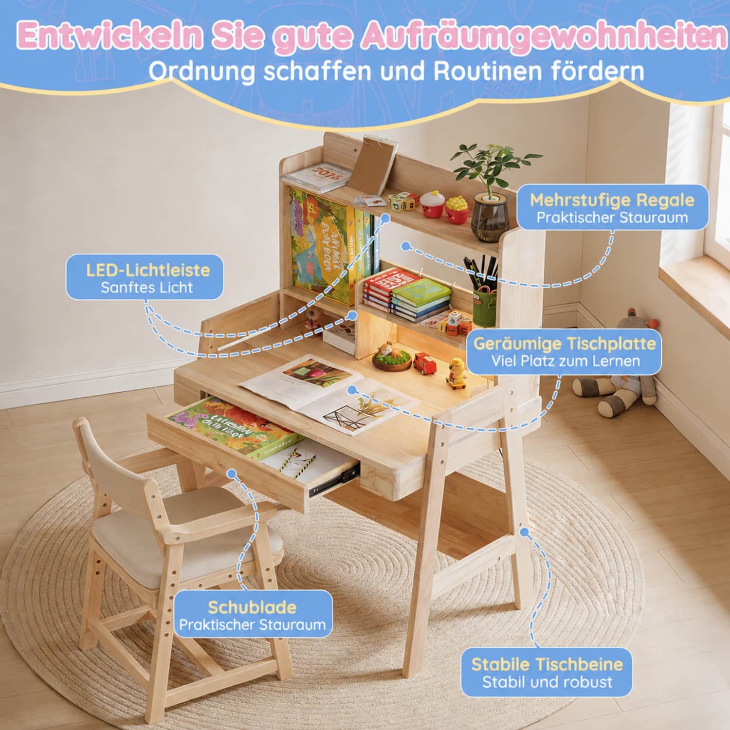 ANYSUN Kinderschreibtisch aus Massivholz Höhenverstellbarer mit LED-Lichtleiste,Schublade,Natur (1 Tish mit Obere Ablagen für Kinder ab 6 Jahren,Belastbar bis 50 kg), Kindertisch mit USB Anschluss,Stauraum,Offene Regale,84x60x117-127cm