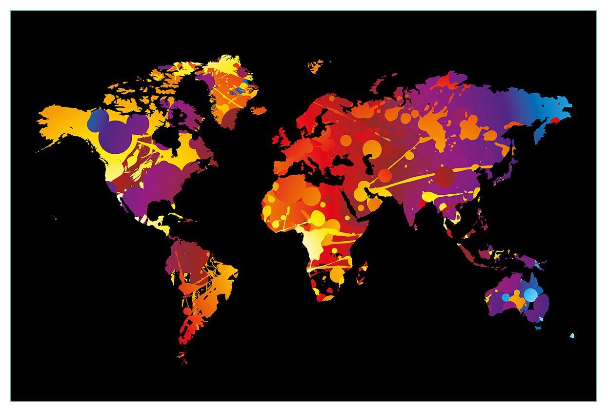Wallario Küchenrückwand Weltkarte aus bunten Farbspritzern, (1-tlg)