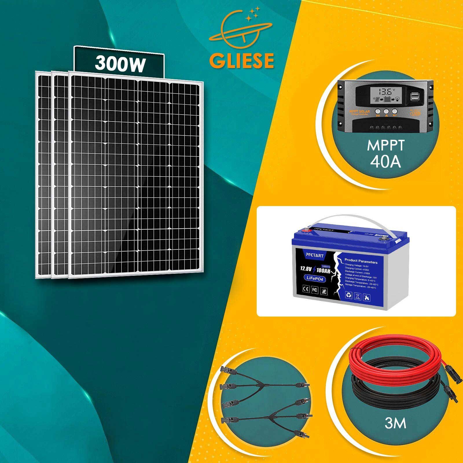 100Ah Solarmodul Batterie Lithium 100,00 Monokristallin W, 100W Kit, Akku GLIESE LiFePO4 Solarmodul