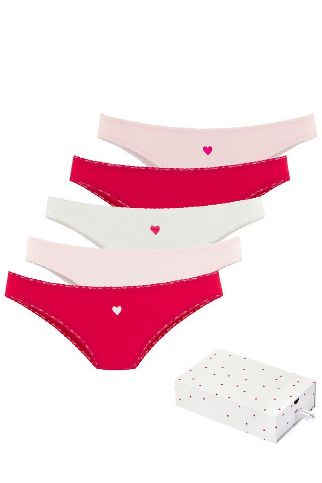 LASCANA Brasilslip Geschenk Box (5er-Pack) mit süßen Herzchen-Prints und aus elastischer Baumwoll-Qualität