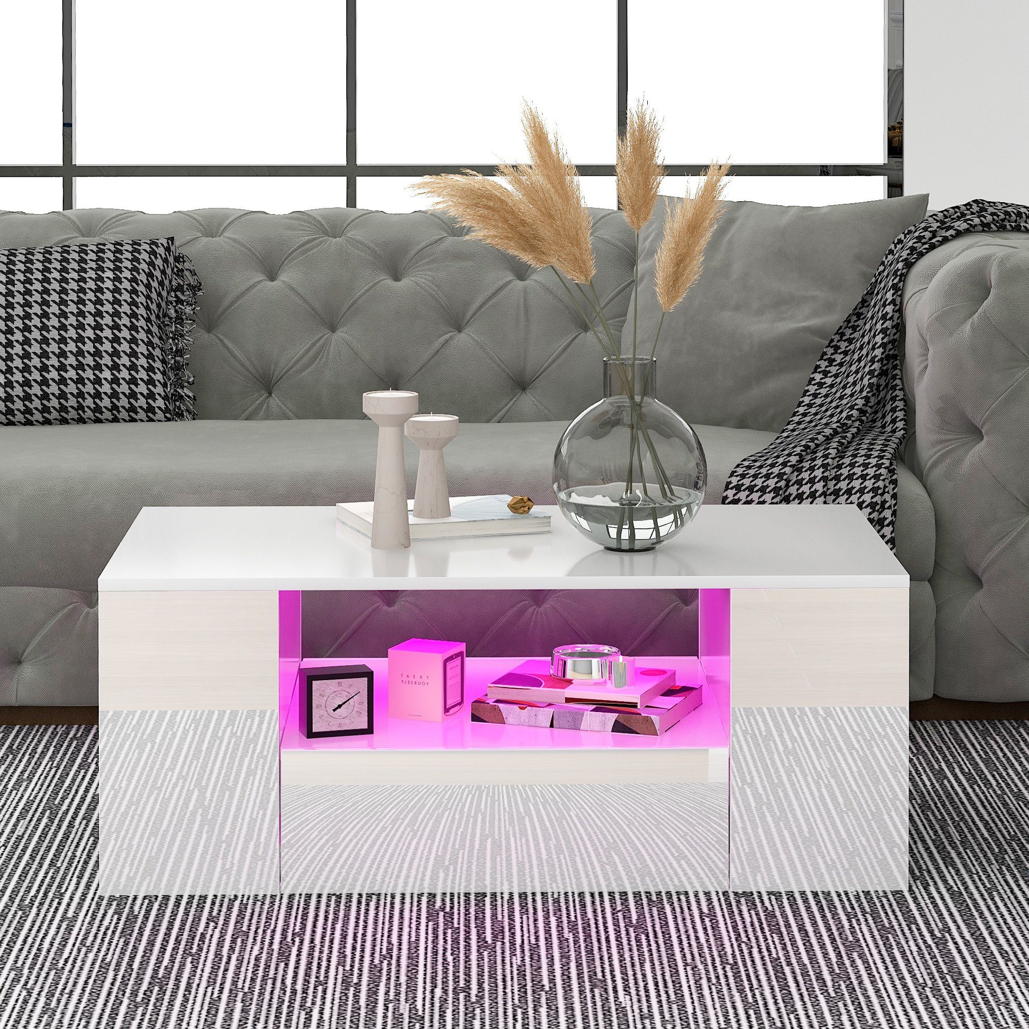 Couchtisch (Wohnzimmertisch Hochglanz Weiß), Sofatisch mit LED-Beleuchtung, 2 Schubladen, 2 Regale, 95 x 53 x 37 cm