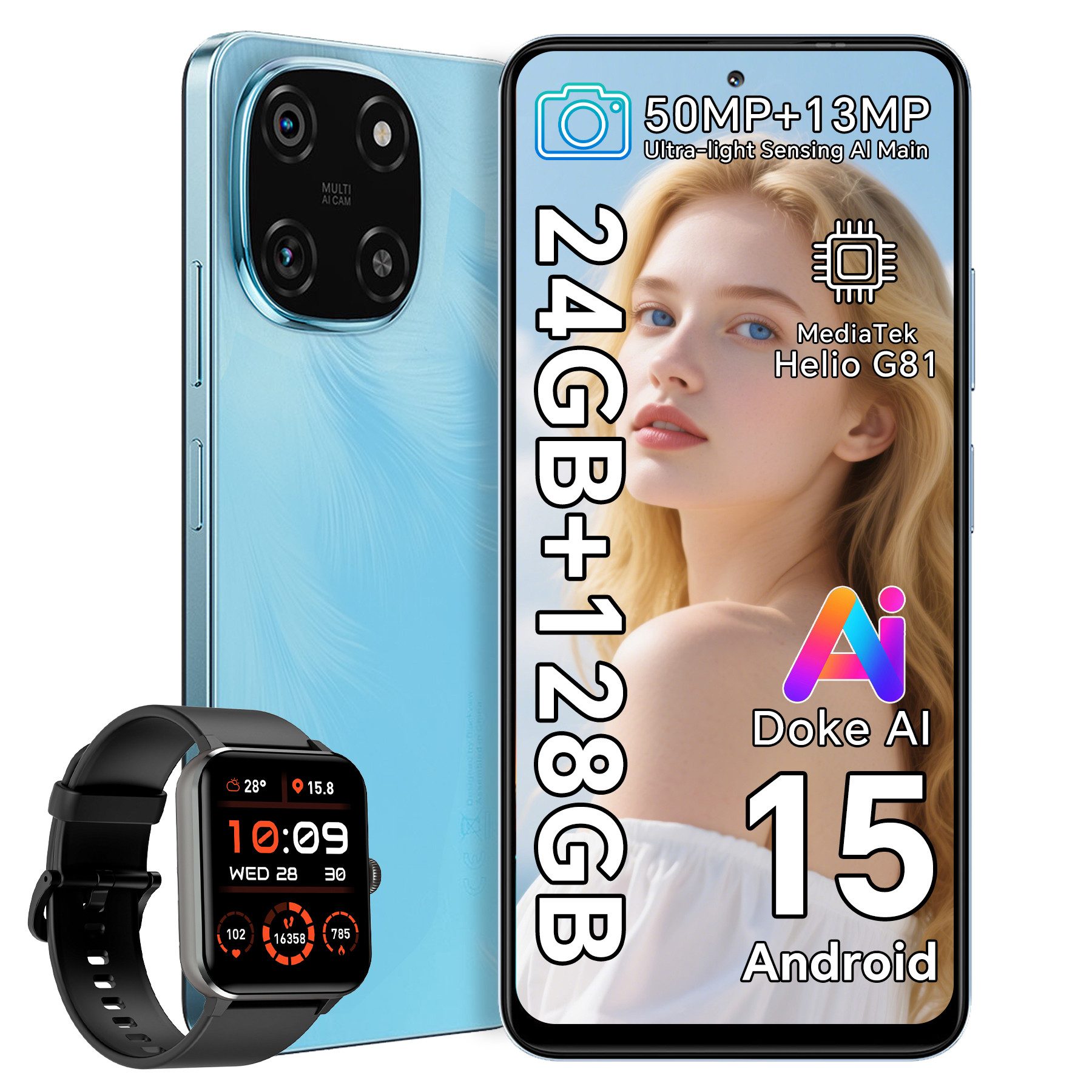 blackview Color 6 incl. R50 Handy (128 GB Speicherplatz, 50 MP Kamera, Helio G81, 50MP, Android 15, DokeOS 4.1, Doke AI)