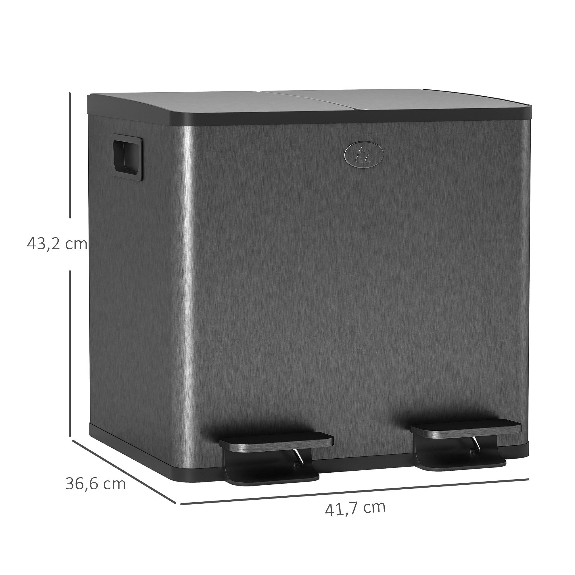 HOMCOM Mülltrennsystem Mülleimer 15L Abfalleimer aus Edelstahl mit Softclose Deckel, Deodorant-Deckel, Edelstahl, Schwarz