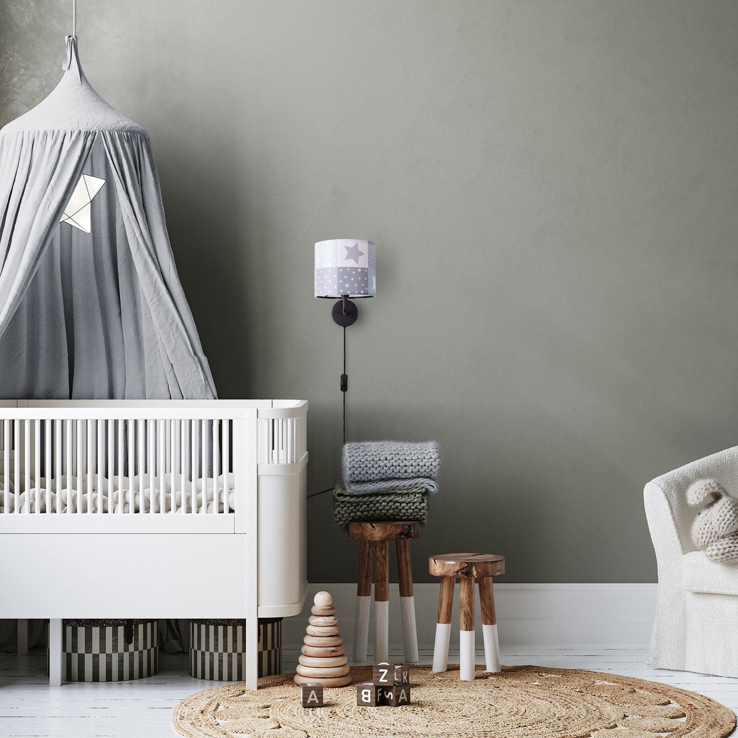Paco Home Wandleuchte Cosmo 345, ohne Leuchtmittel, Kinderlampe Wandlampe Schalter Ø 18cm Sterne Punkte Kabellänge 3m E14