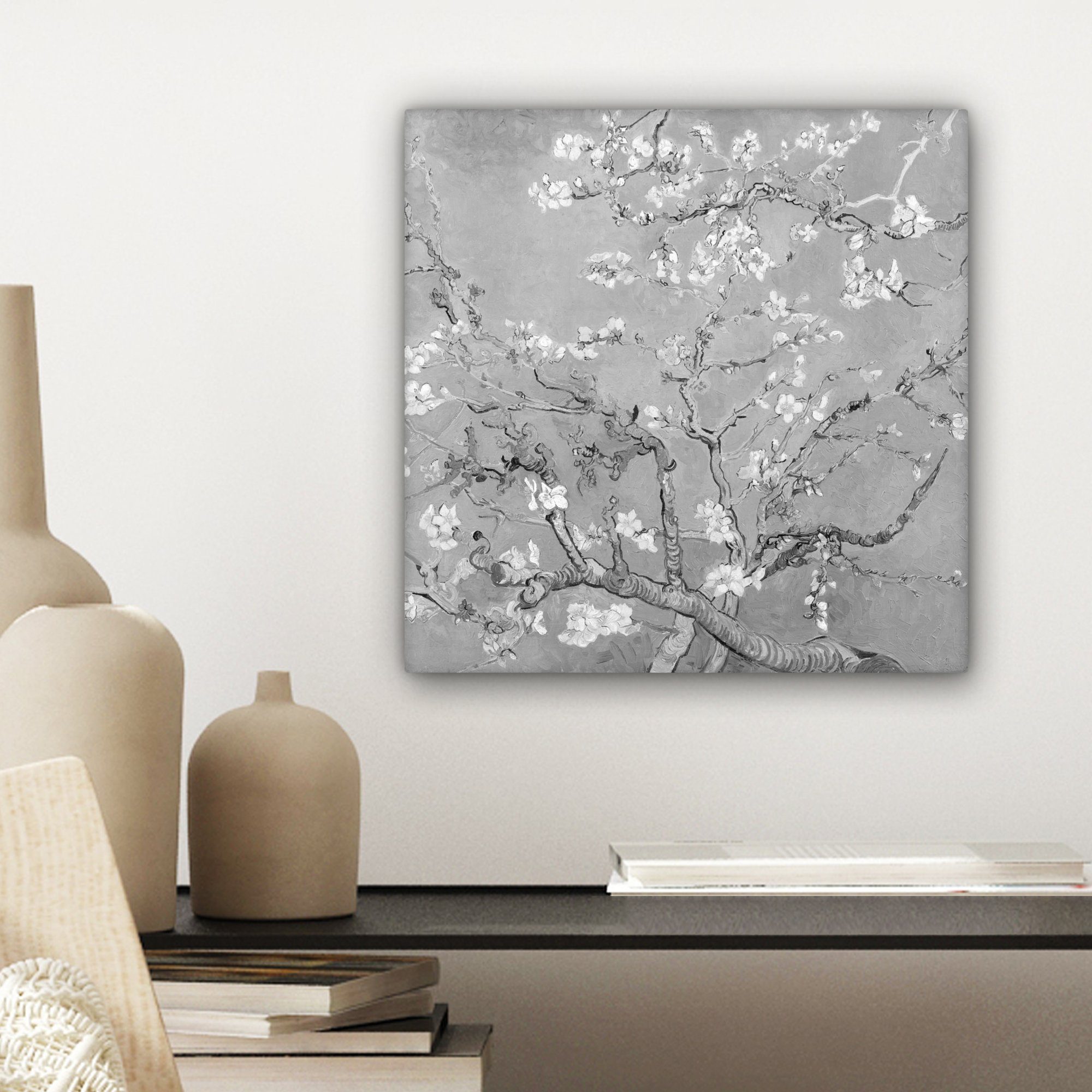 Mandelblüte - Van cm - 20x20 Gogh (1 St), Kunst Leinwandbild Bilder Schlafzimmer, Grau, für - OneMillionCanvasses® Leinwand Wohnzimmer