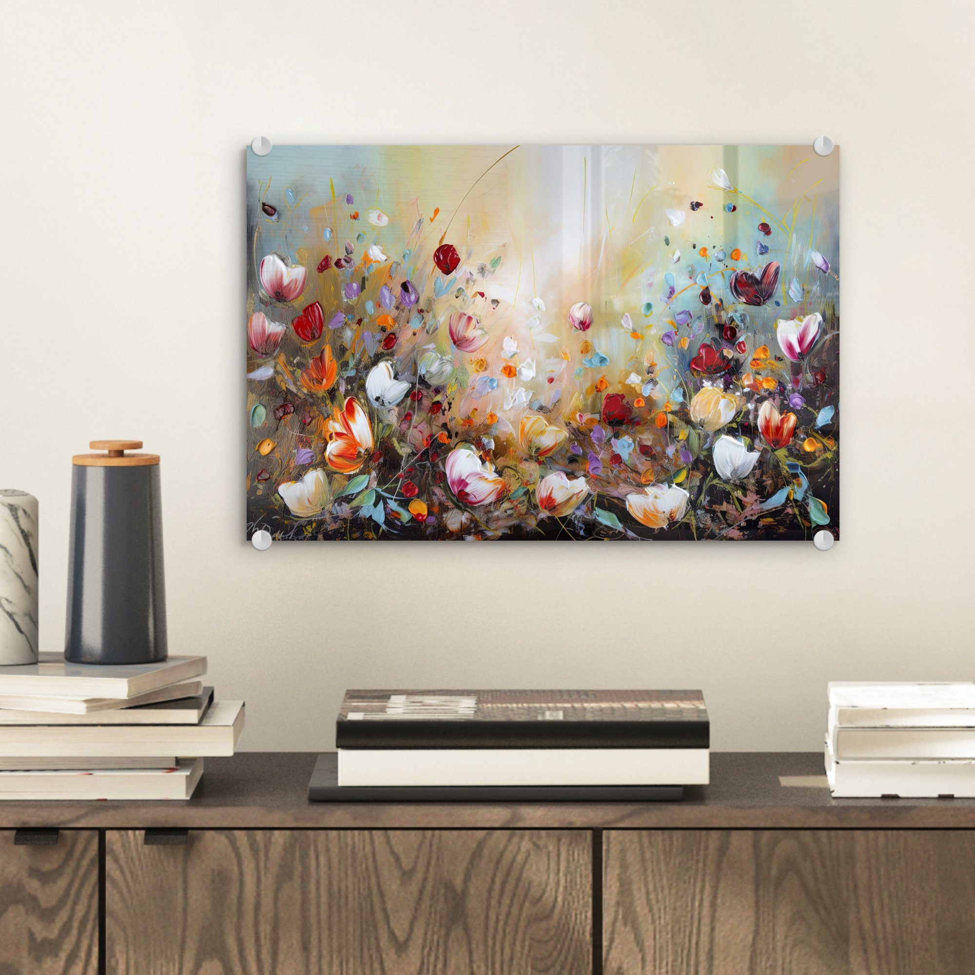 MuchoWow Acrylglasbild Ölfarben - Blumen - Farbenfroh - Natur, Inkl. Aufhän günstig online kaufen