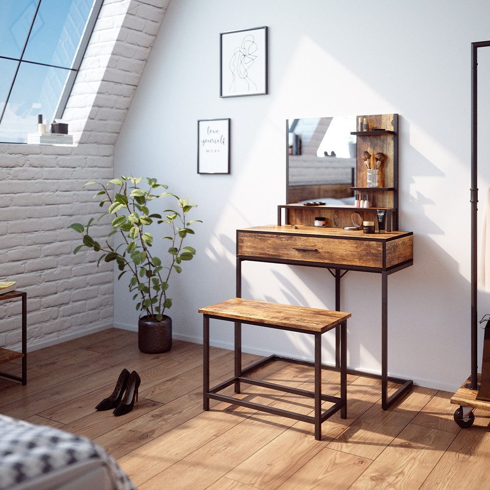 Vicco Sitzbank Fyrk, Eiche rustikal/Schwarz, 60 cm für Schminktisch günstig online kaufen