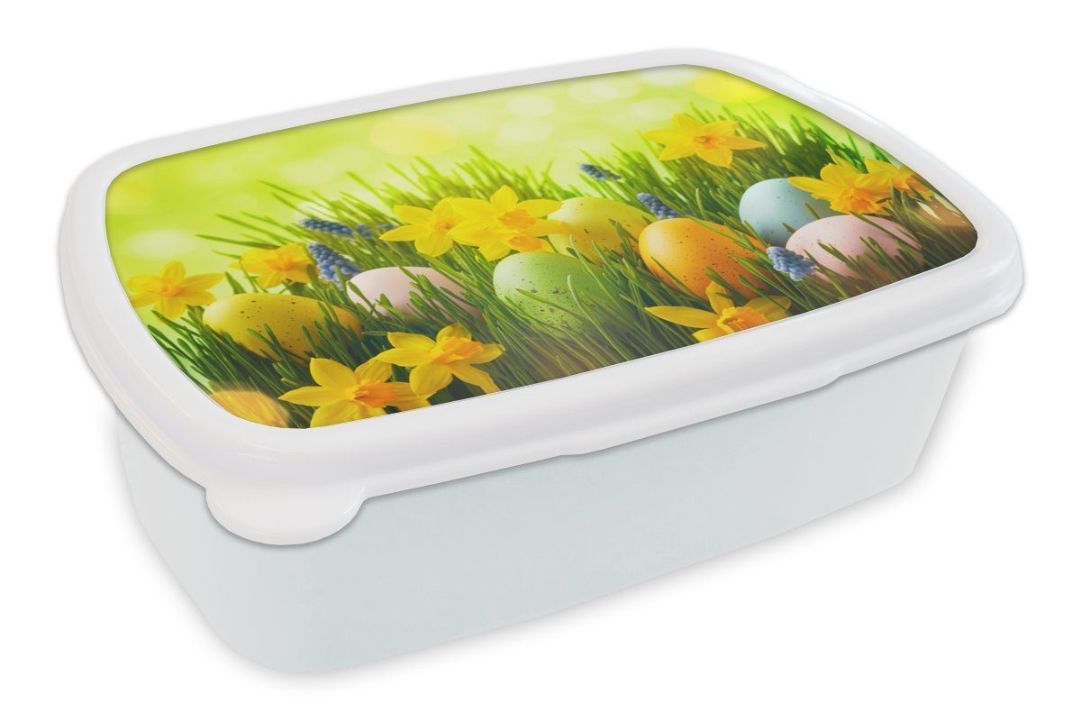 MuchoWow Lunchbox Ostereier - Frühling - Narzisse, Kunststoff, (2-tlg), Brotbox für Kinder und Erwachsene, Brotdose, für Jungs und Mädchen weiß