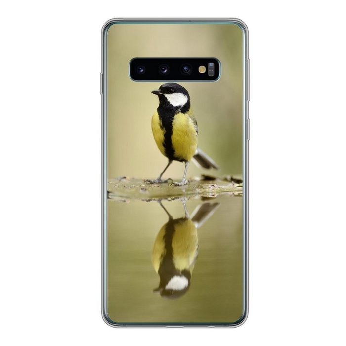 MuchoWow Handyhülle Große Meise spiegelt sich im Wasser Phone Case Handyhülle Samsung Galaxy S10 Silikon Schutzhülle