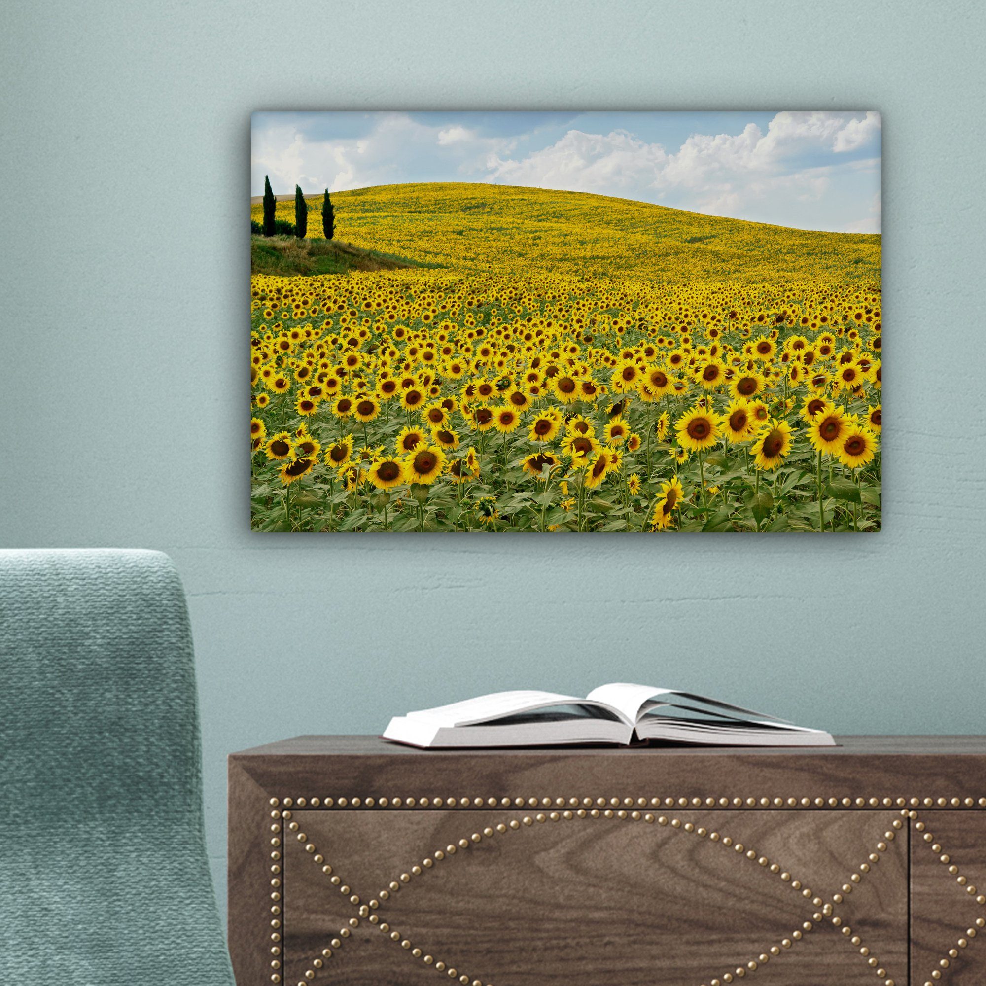 Aufhängefertig, 30x20 in (1 cm OneMillionCanvasses® der Leinwandbild Sonnenblumen St), Wandbild Toskana, Wanddeko, Leinwandbilder,