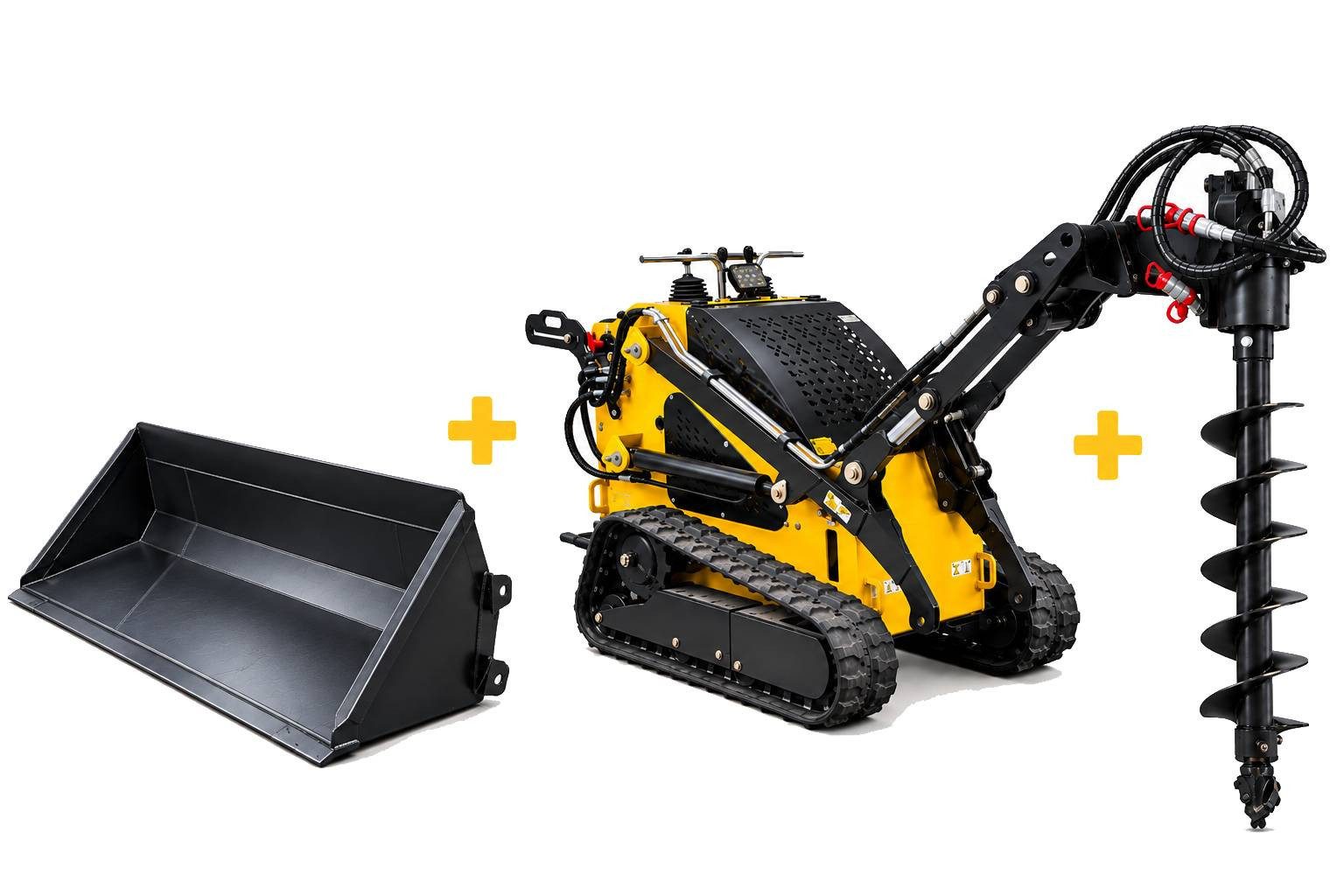 Teico Minibagger T360 Mini-Raupenlader mit Erdbohrer & Ladeschaufel, mit Erdbohrer