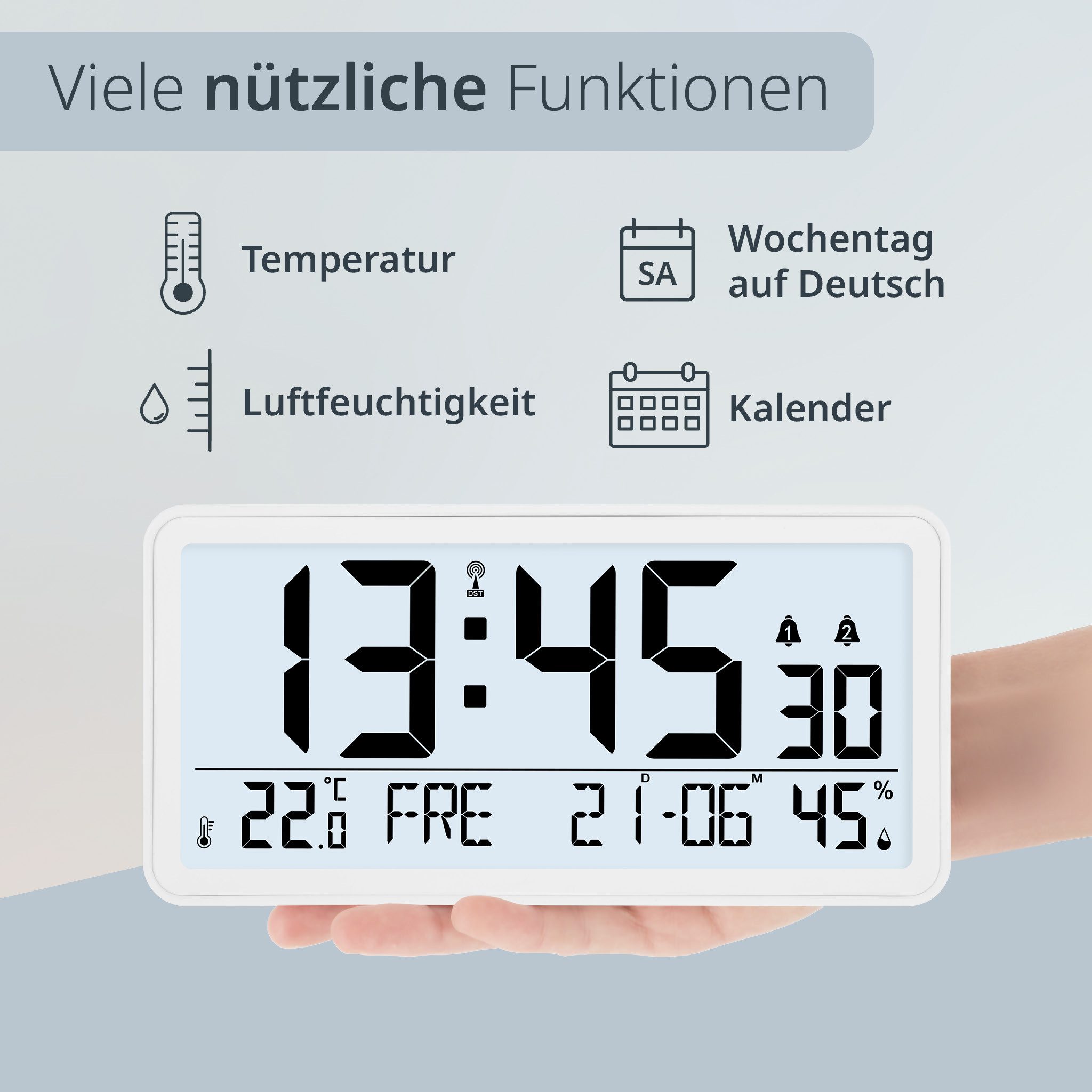 ADE Funktischuhr digital XXL-Ziffern, Tischuhr & Wanduhr mit Thermometer, 2 Weckzeiten Funkuhr mit Hygrometer, Datum & Wochentag, inkl. AA Batterien