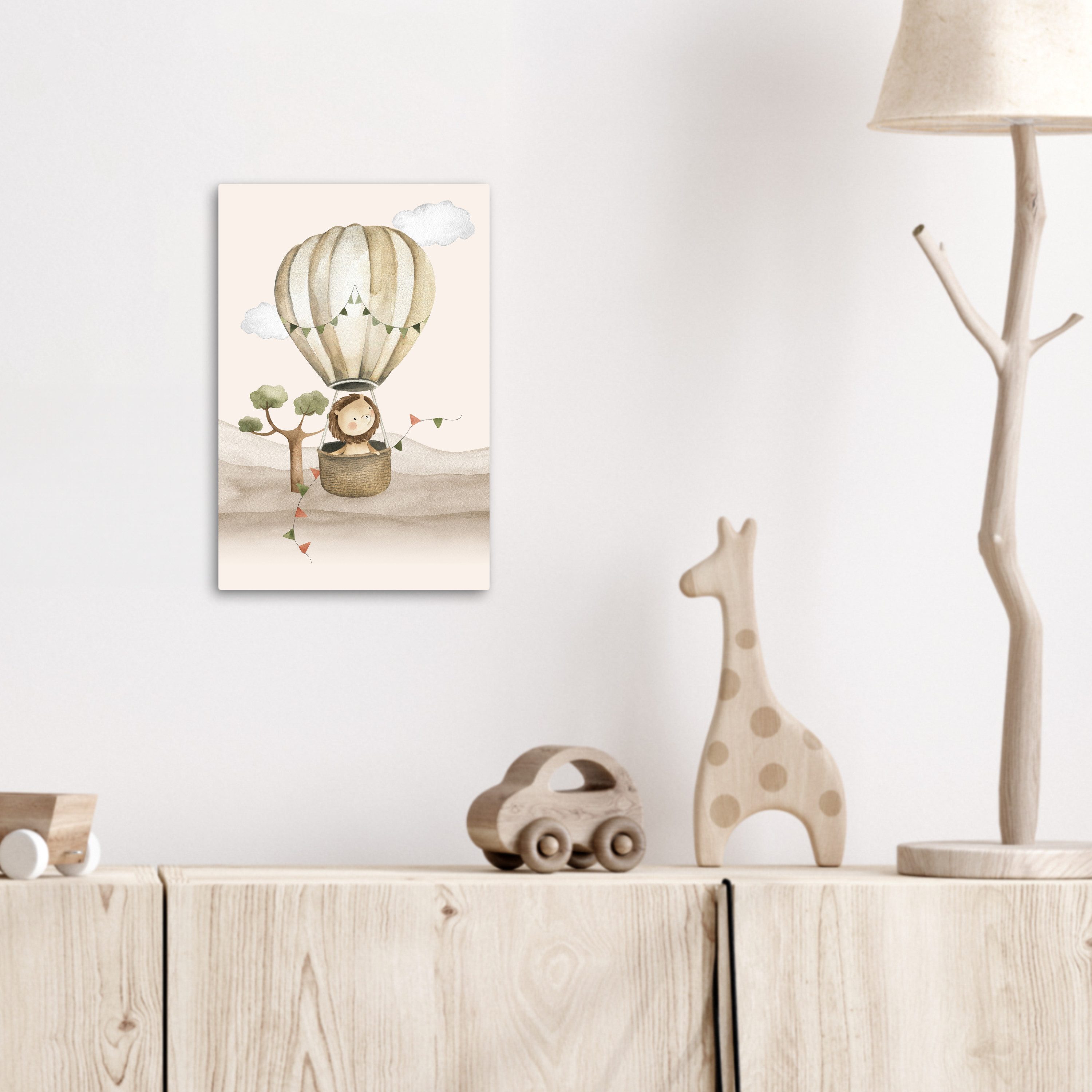 OneMillionCanvasses® Leinwandbild Heißluftballon - Löwe - Aquarell - Safari - Tiere, Fotodruck (1 St), Kinderzimmer Deko, Mädchen und Jungen Bilder 20x30 cm