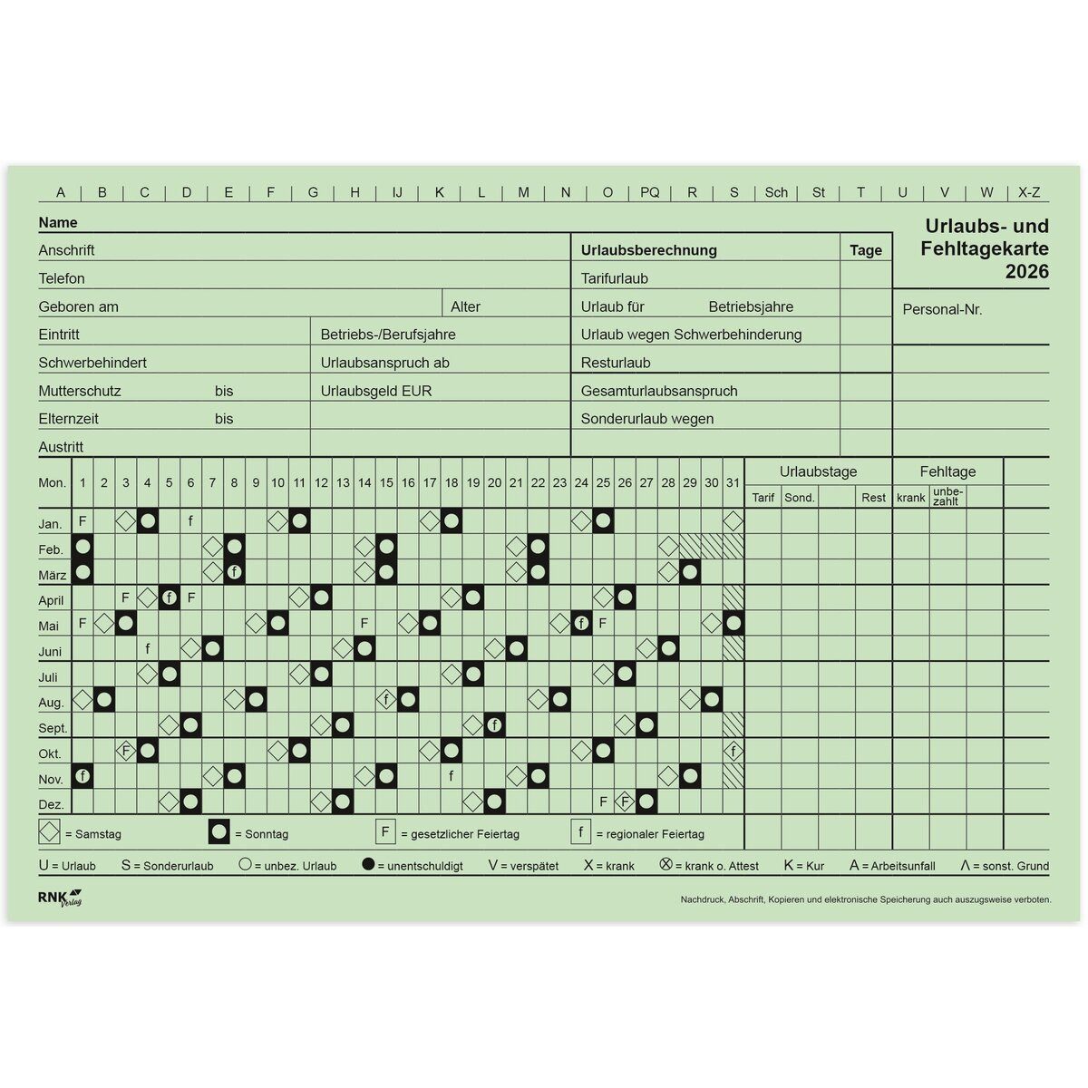 RNK Verlag Terminplaner Urlaubskarte 2026 A5 grün 10 Stück